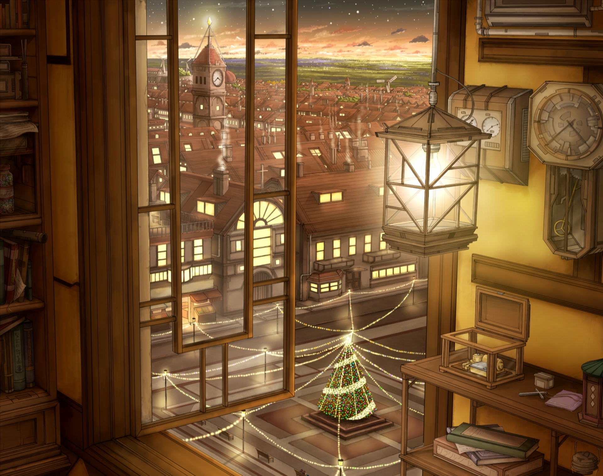 Baixar papel de parede para celular de Anime, Pôr Do Sol, Cidade, Árvore De Natal, Original, Luzes De Natal gratuito.
