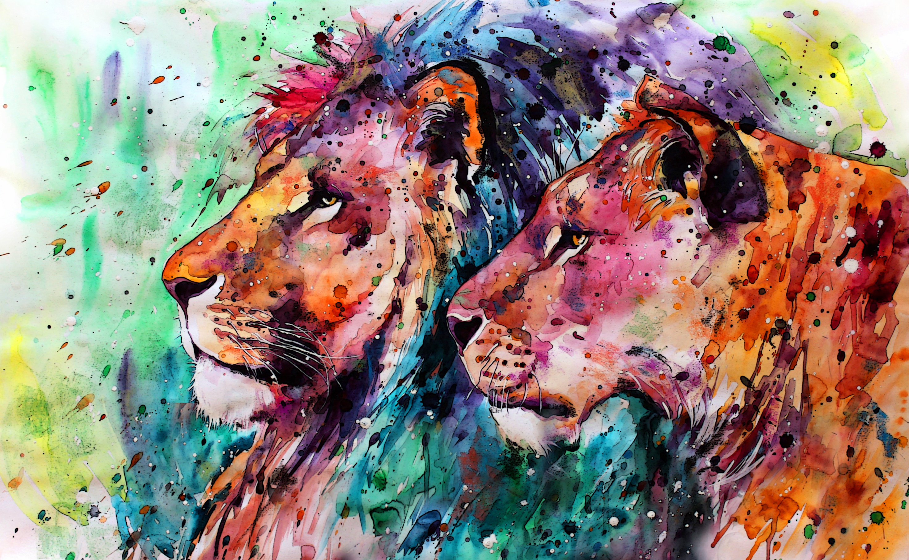 painting, watercolor, lion, artistic, colors, nature
