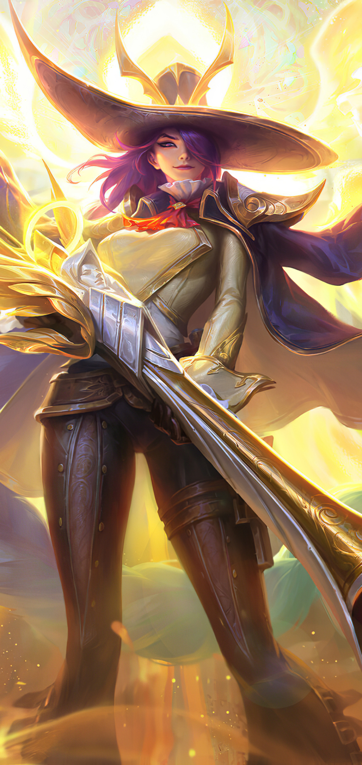Download mobile wallpaper Weapon, Hat, Video Game, Woman Warrior, Purple Hair, Mobile Legends: Bang Bang for free.