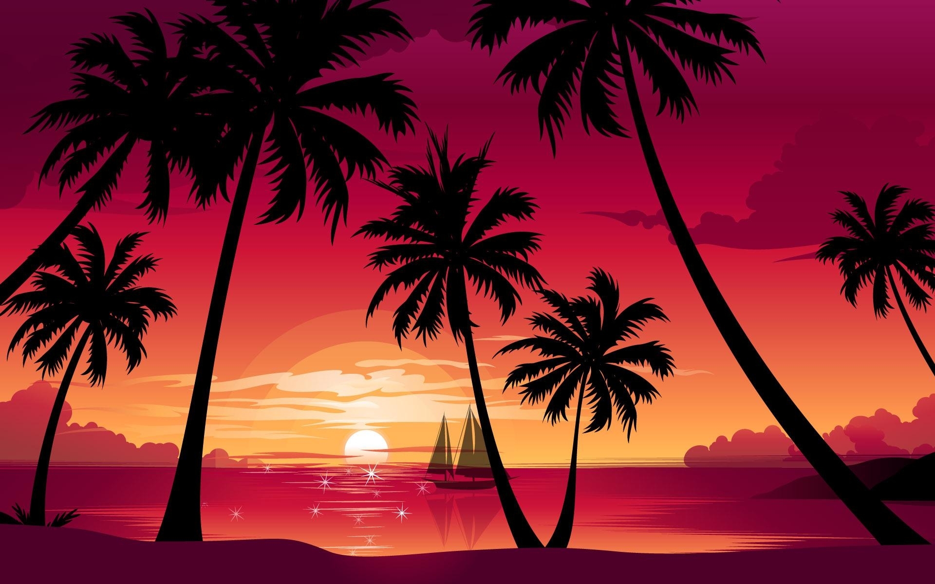 pictures, palms, red, sunset, landscape