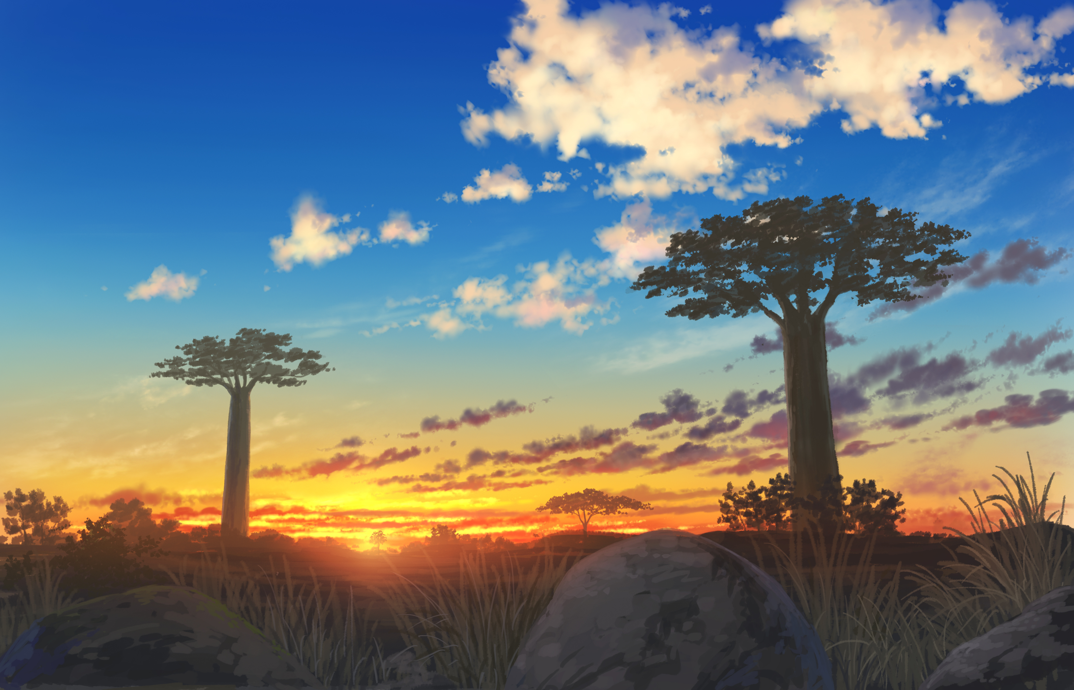 Скачать обои бесплатно Аниме, Небо, Дерево, Закат Солнца картинка на рабочий стол ПК