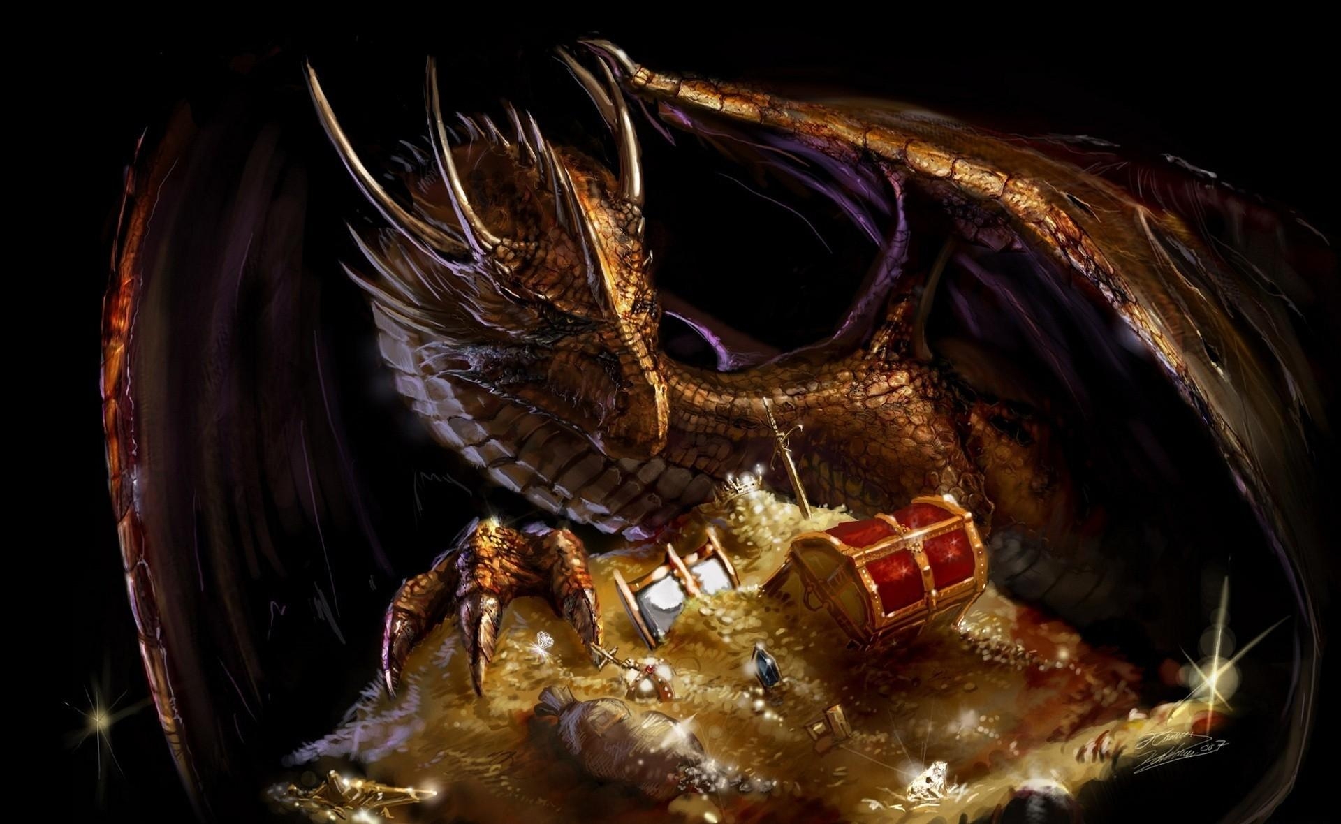dragon, fantasy, gold, treasure 1080p