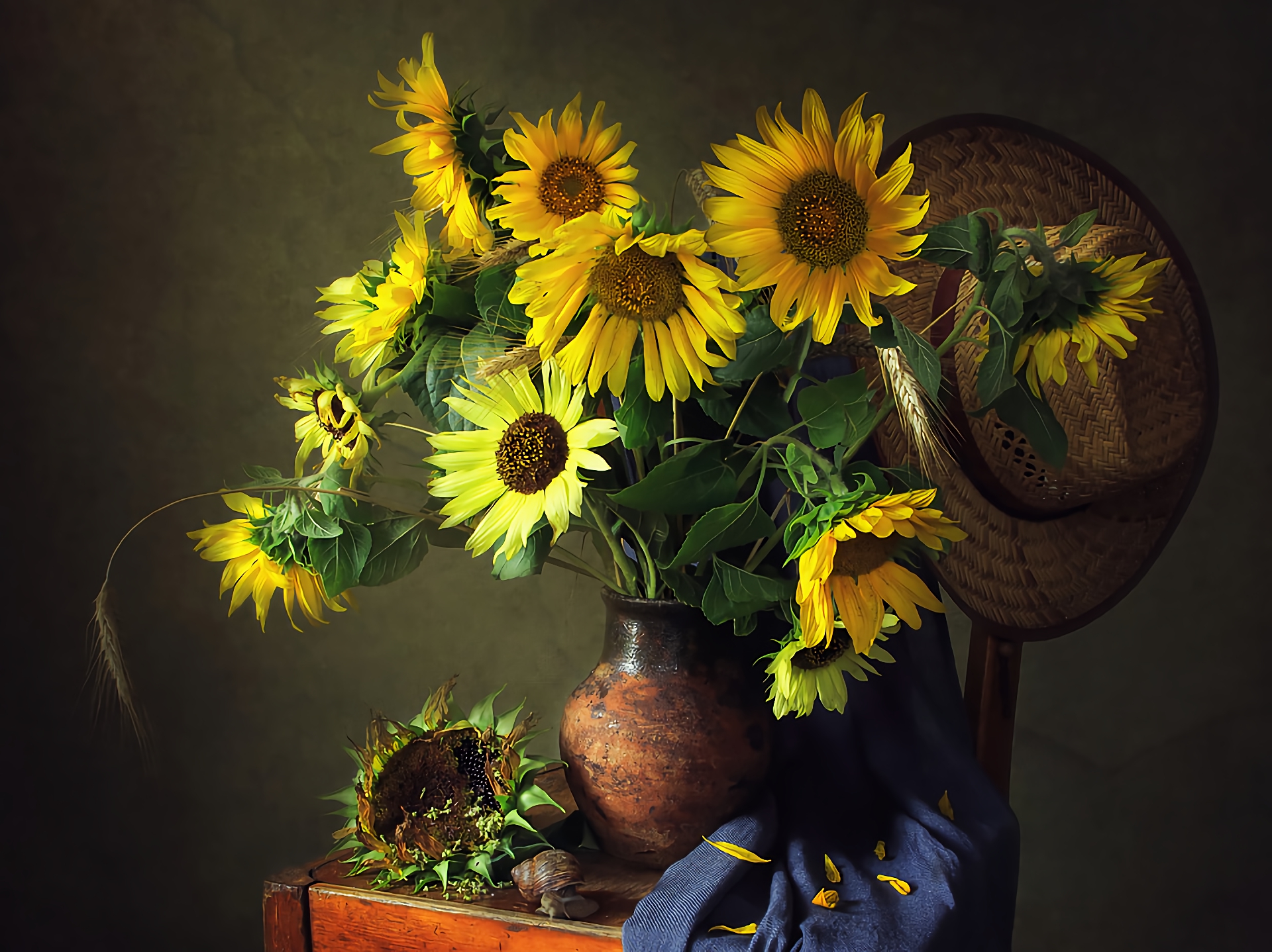 Download mobile wallpaper Still Life, Chair, Sunflower, Hat, Photography, Yellow Flower, Pitcher for free.