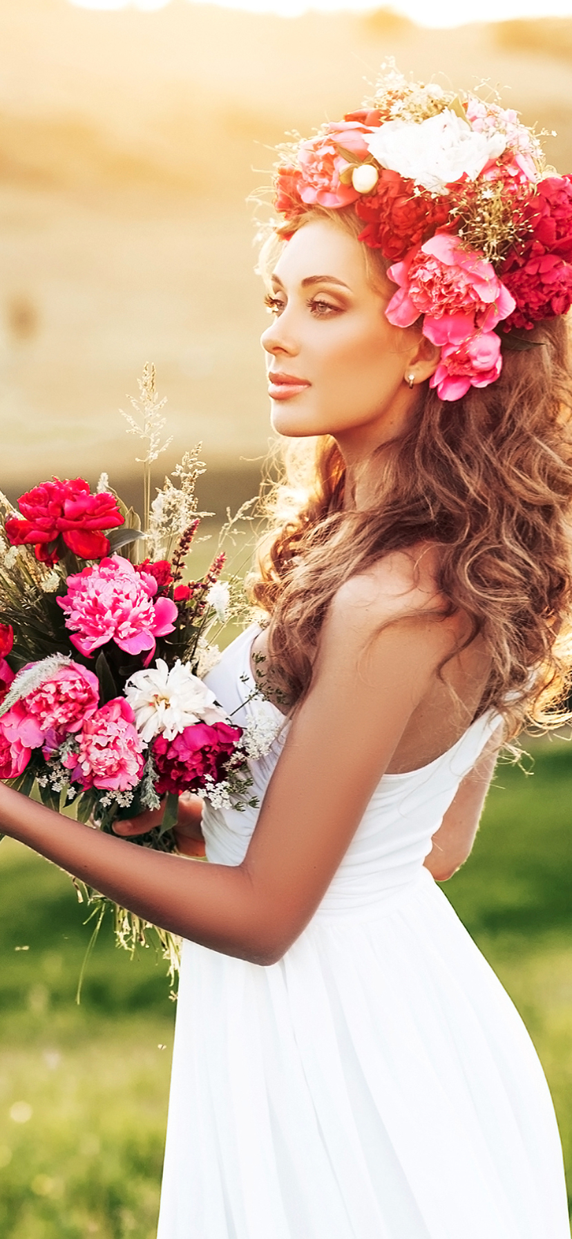 無料モバイル壁紙花束, 花輪, ブルネット, モデル, 女性, ホワイトドレスをダウンロードします。