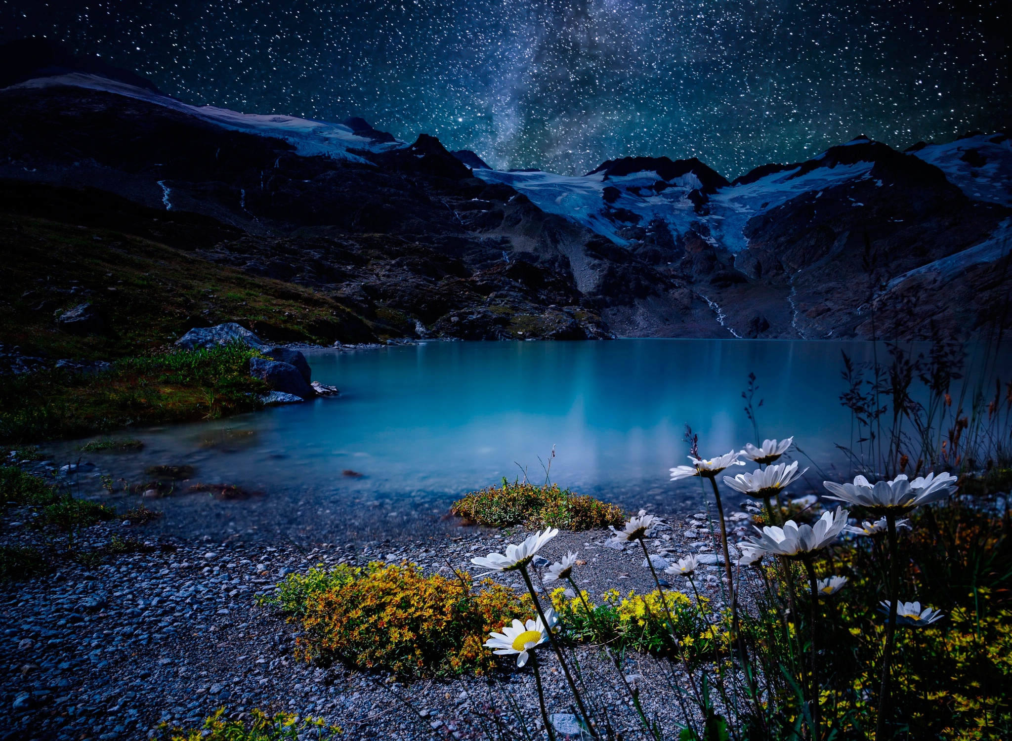 868775 скачать обои природа, белый цветок, озеро, ночь, звезды, земля/природа - заставки и картинки бесплатно