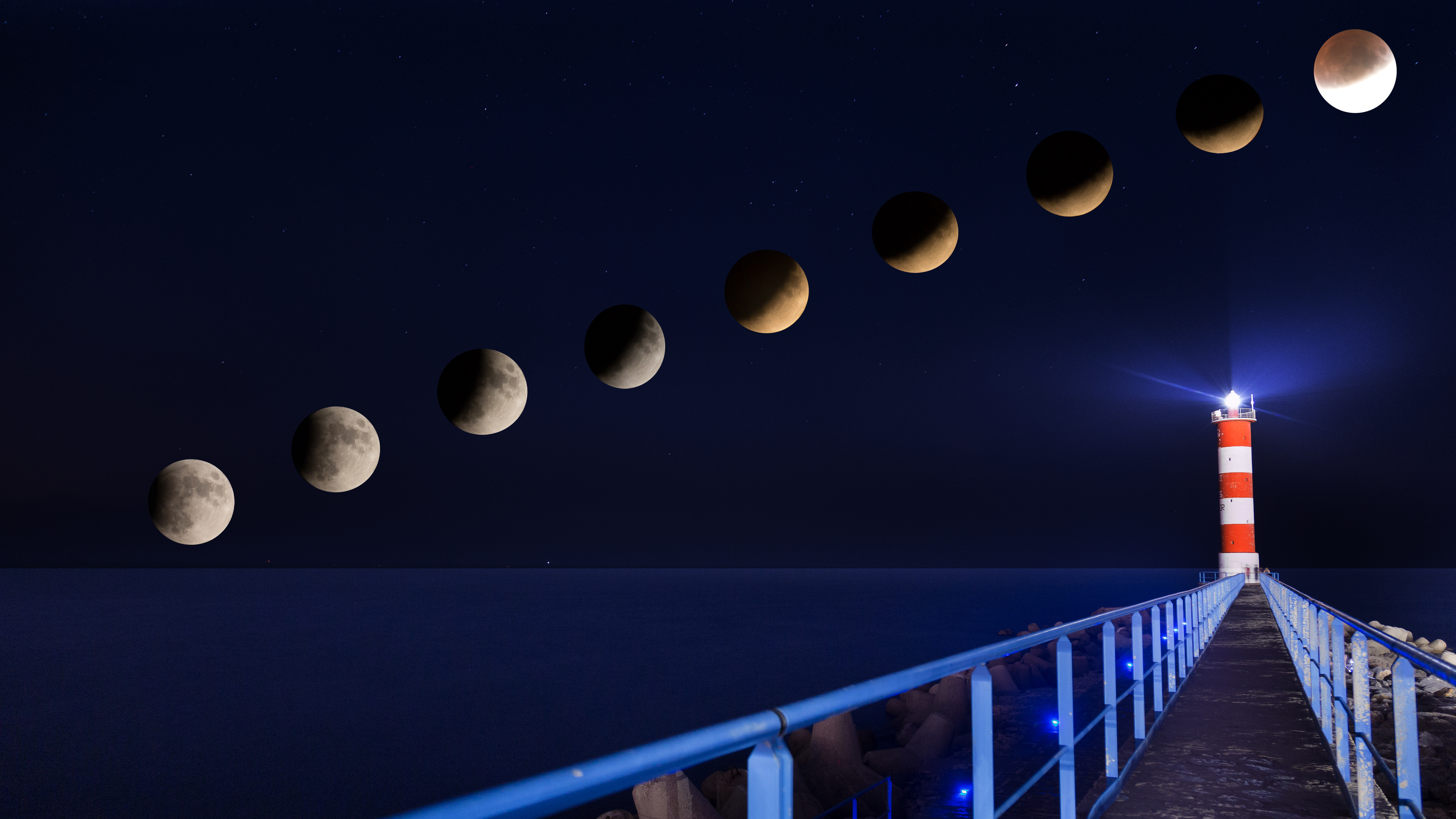 Free download wallpaper Nature, Lighthouse, Eclipse, Pier, Night, Moon on your PC desktop