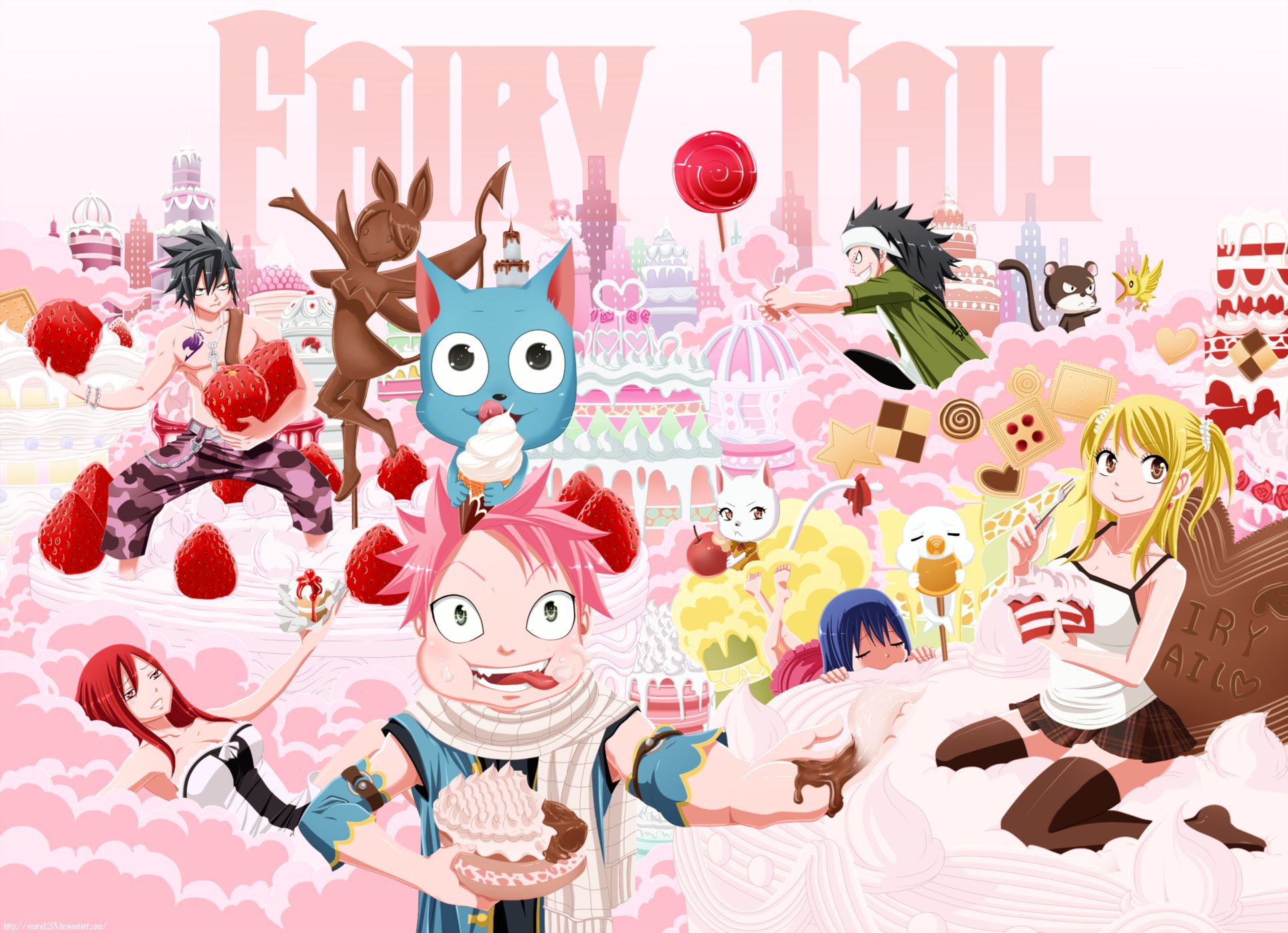 Handy-Wallpaper Animes, Fairy Tail, Lucy Heartfilia, Natsu Dragneel, Erza Scarlet, Grauer Fullbuster, Glücklich (Fairy Tail), Plue (Fairy Tail), Gajeel Rotfuchs, Karl (Fairy Tail), Wendy Marvell, Pantherlilie (Fairy Tail) kostenlos herunterladen.