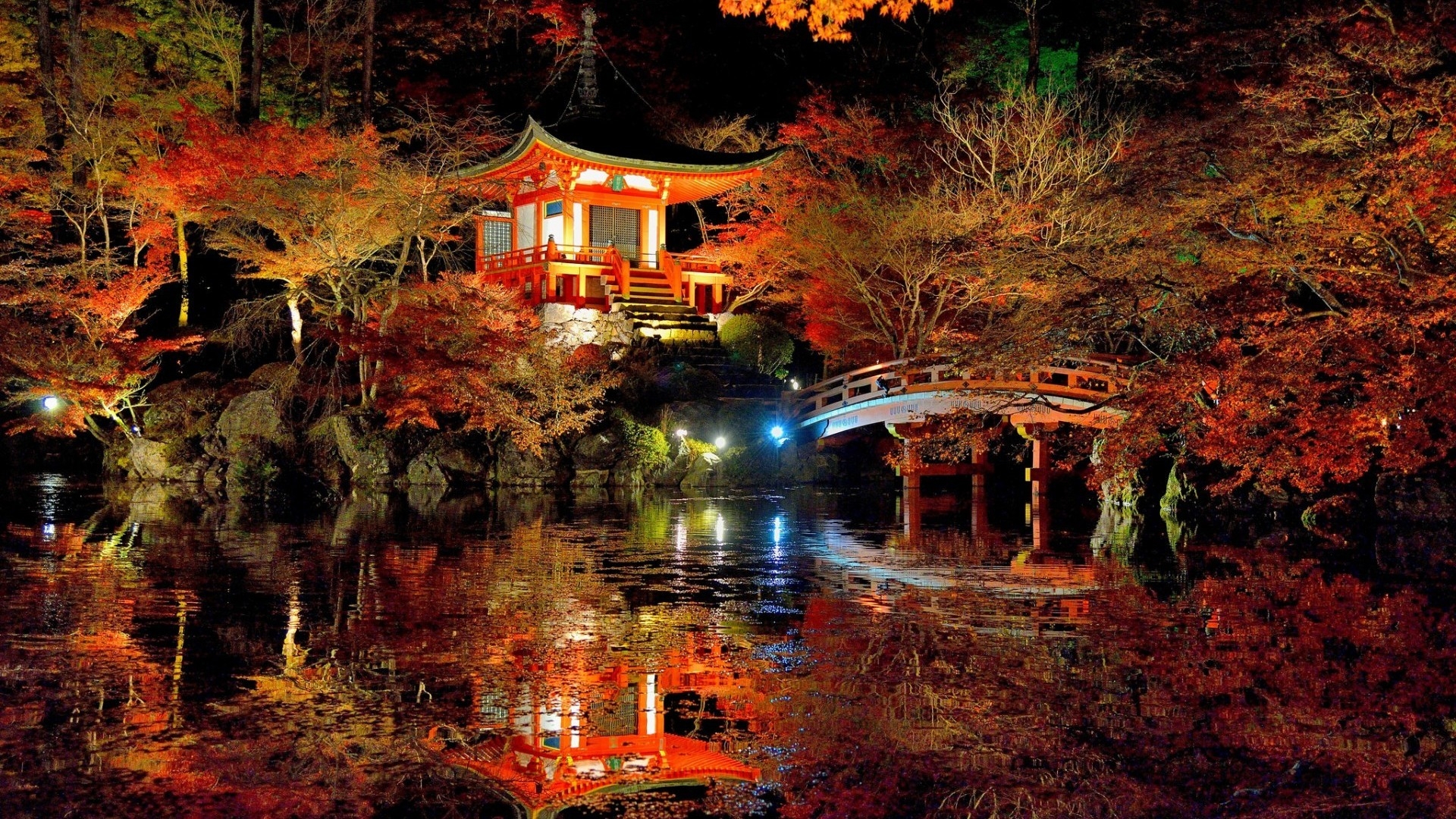 japanese garden, religious, daigo ji, fall, pagoda, pond, reflection, tree, temples