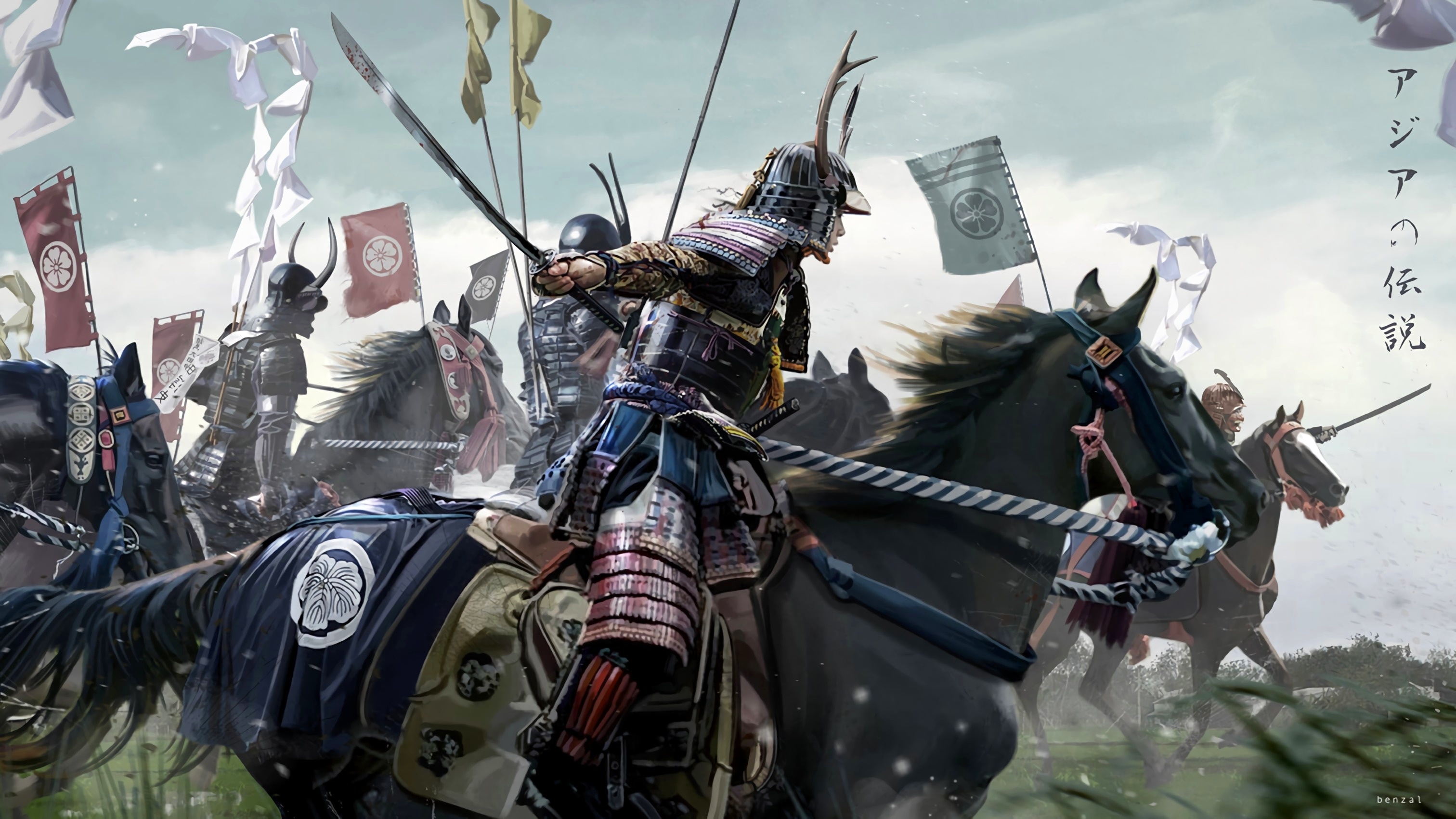 Download mobile wallpaper Fantasy, Warrior, Horse, Samurai, Armor, Katana for free.