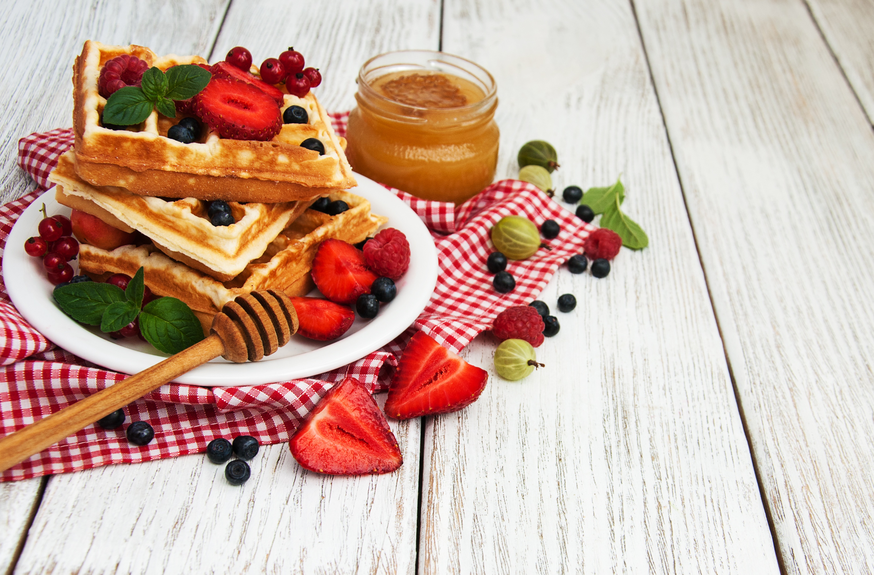 Download mobile wallpaper Food, Still Life, Berry, Fruit, Honey, Waffle, Breakfast for free.