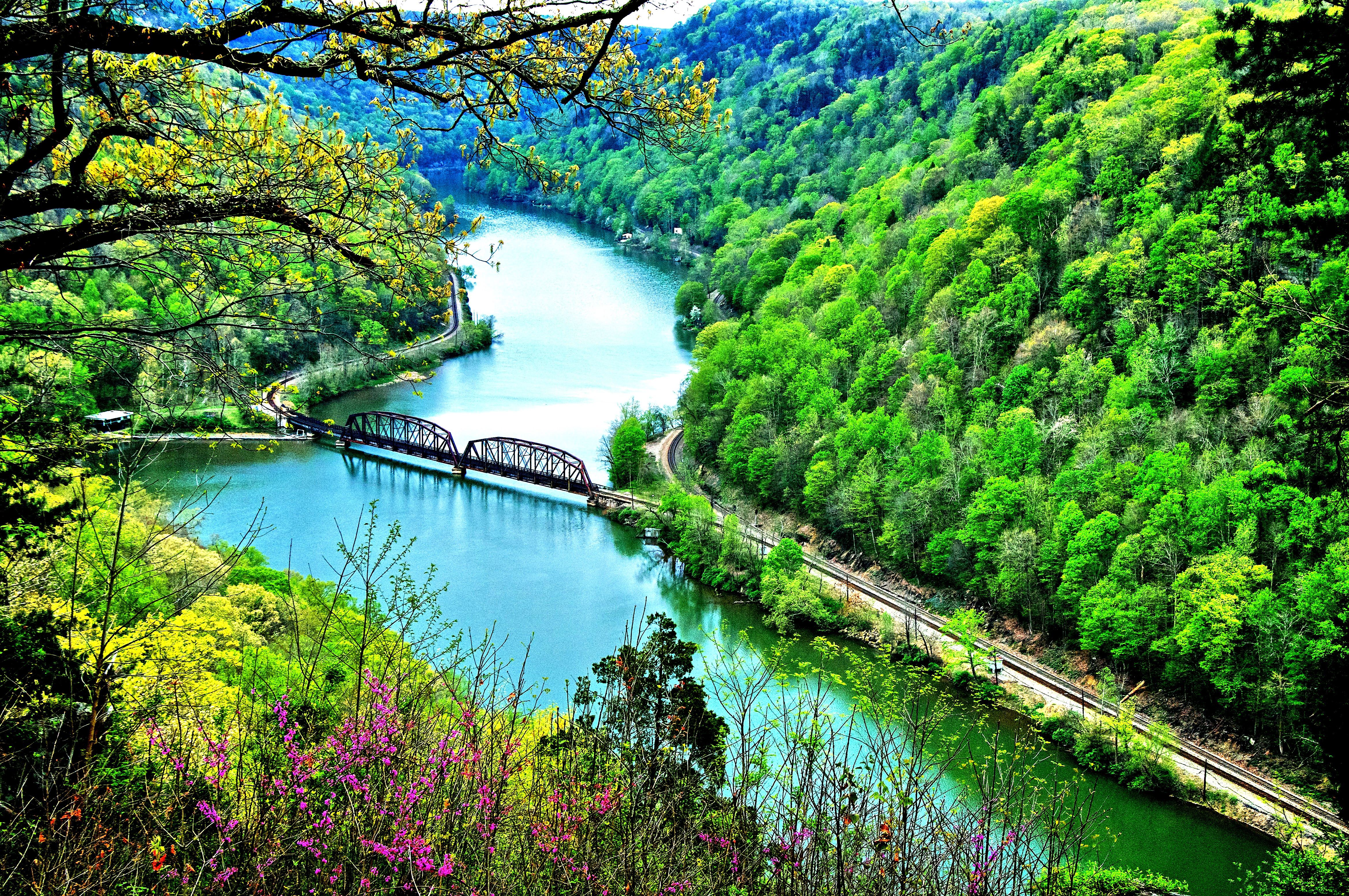 Free download wallpaper Landscape, Mountain, Forest, River, Photography, Railroad on your PC desktop