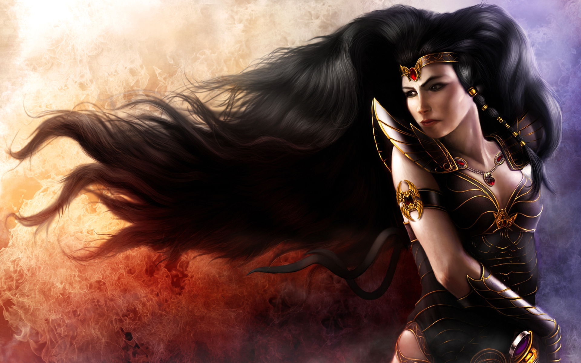 fantasy, women warrior, armor, black hair, headband, long hair, sword, woman warrior phone wallpaper