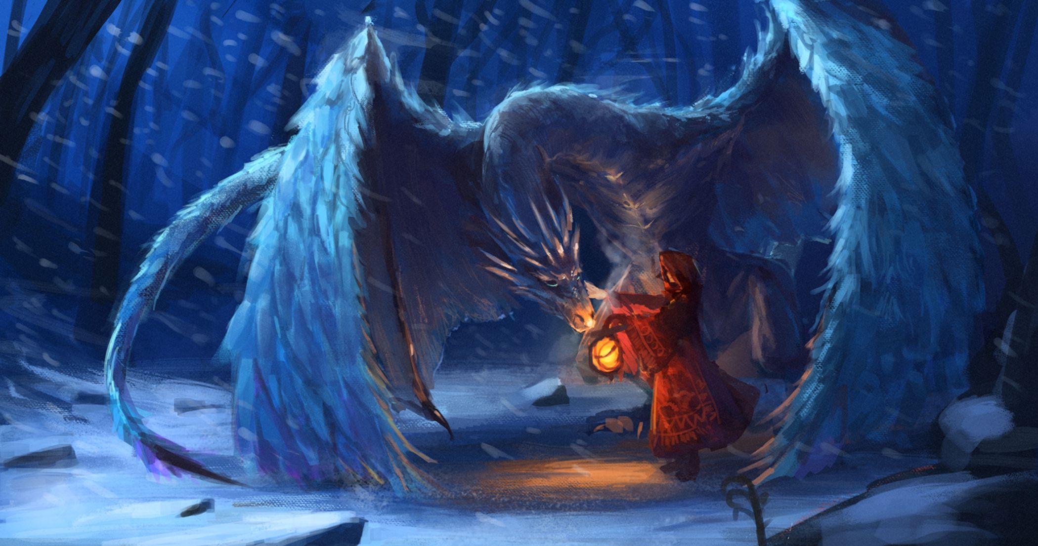 fantasy, dragon, lantern, snow, wyvern
