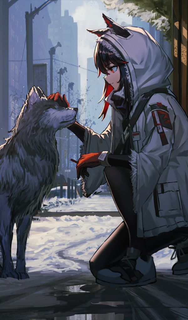 Download mobile wallpaper Snow, Wolf, Red Eyes, Video Game, Black Hair, Animal Ears, Arknights for free.