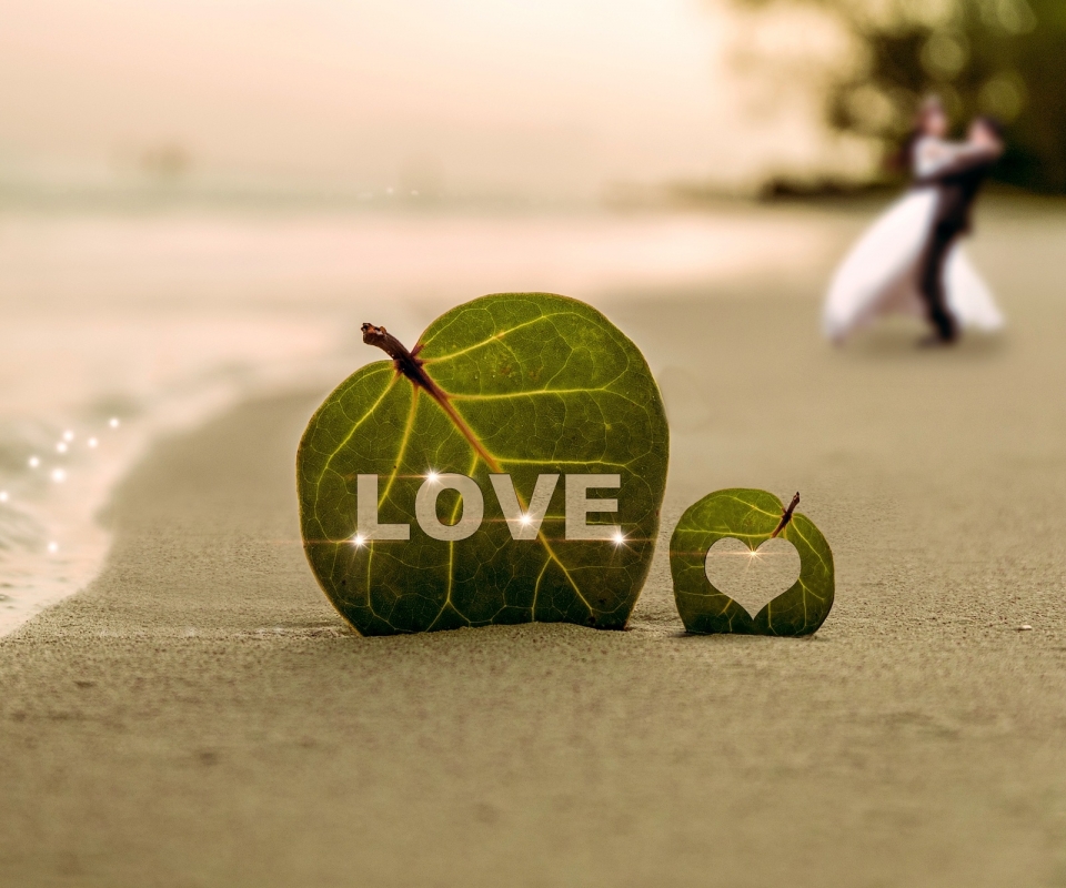 Download mobile wallpaper Beach, Sand, Love, Leaf, Heart, Artistic, Romantic for free.