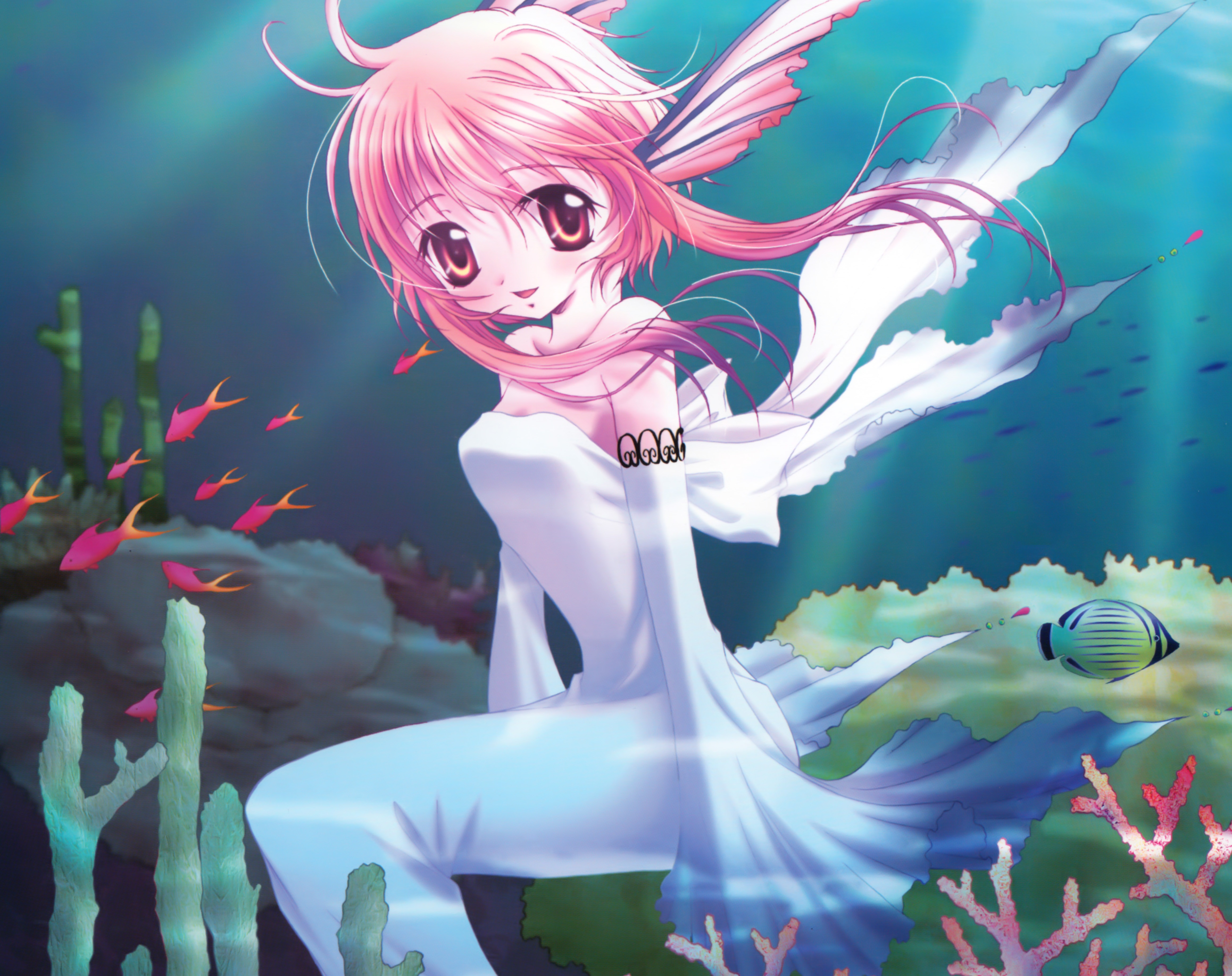Download mobile wallpaper Anime, Coral, Smile, Fish, Original, Pink Hair, Mermaid, Blush, Short Hair, Pink Eyes for free.