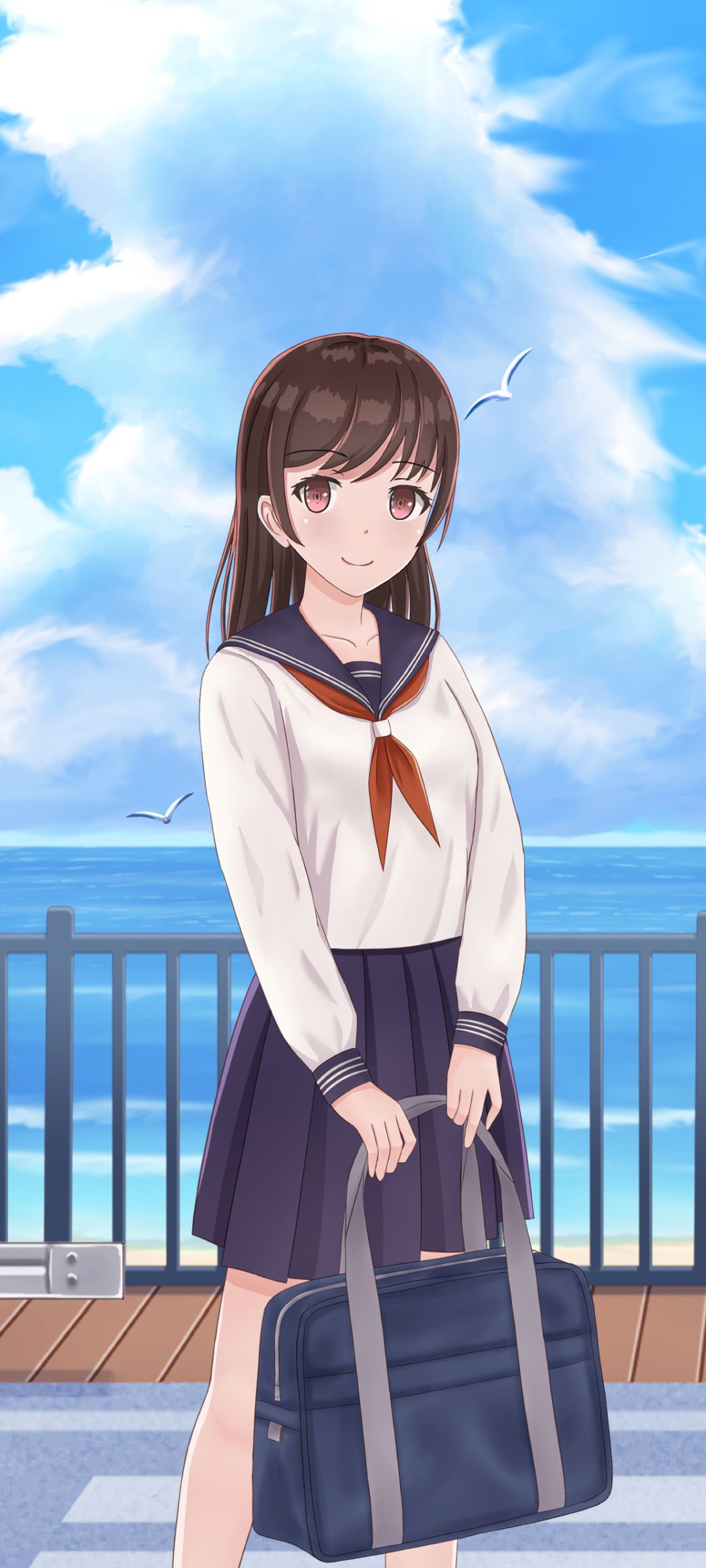 Download mobile wallpaper Anime, Bag, Original, School Uniform, Brown Hair, Pink Eyes for free.