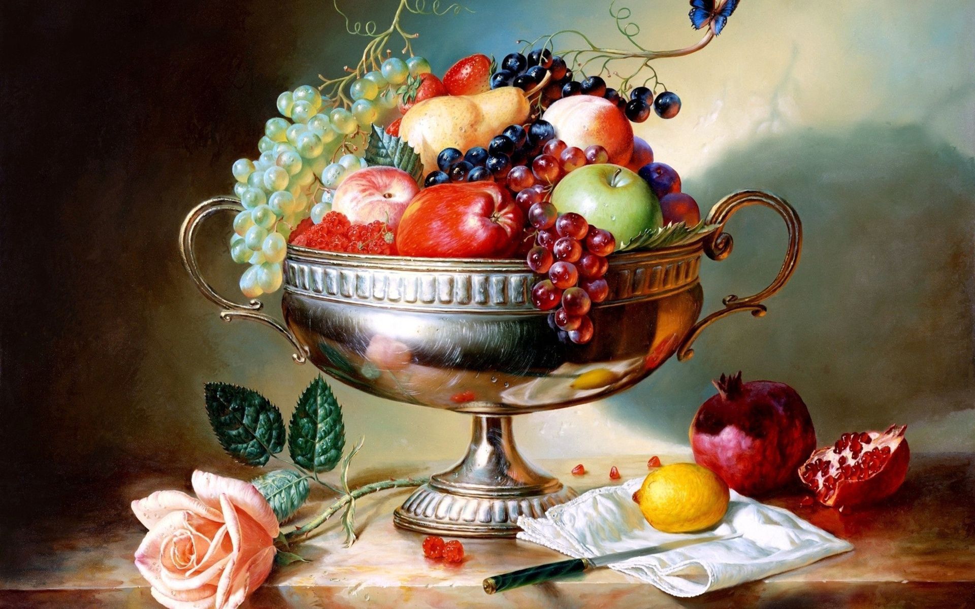 food, fruits, apples, grapes, vase, garnet, pomegranate