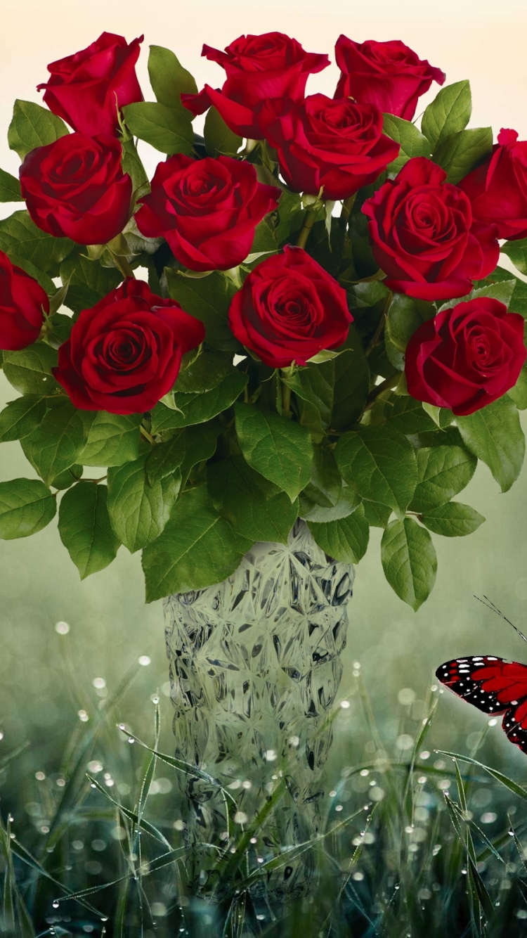 Handy-Wallpaper Schmetterlinge, Rose, Schmetterling, Vase, Rote Rose, Künstlerisch, Rote Blume kostenlos herunterladen.