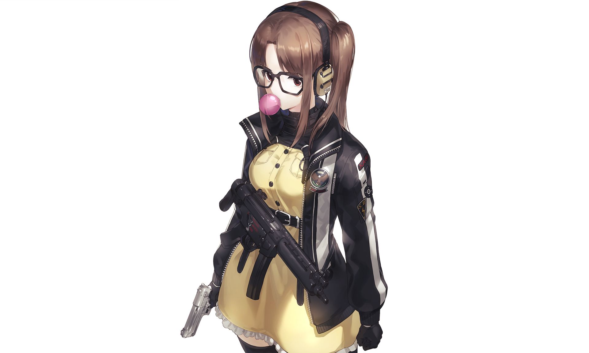 anime, original, dress, glasses, gun, headphones, heckler & koch mp5, jacket, pistol, weapon