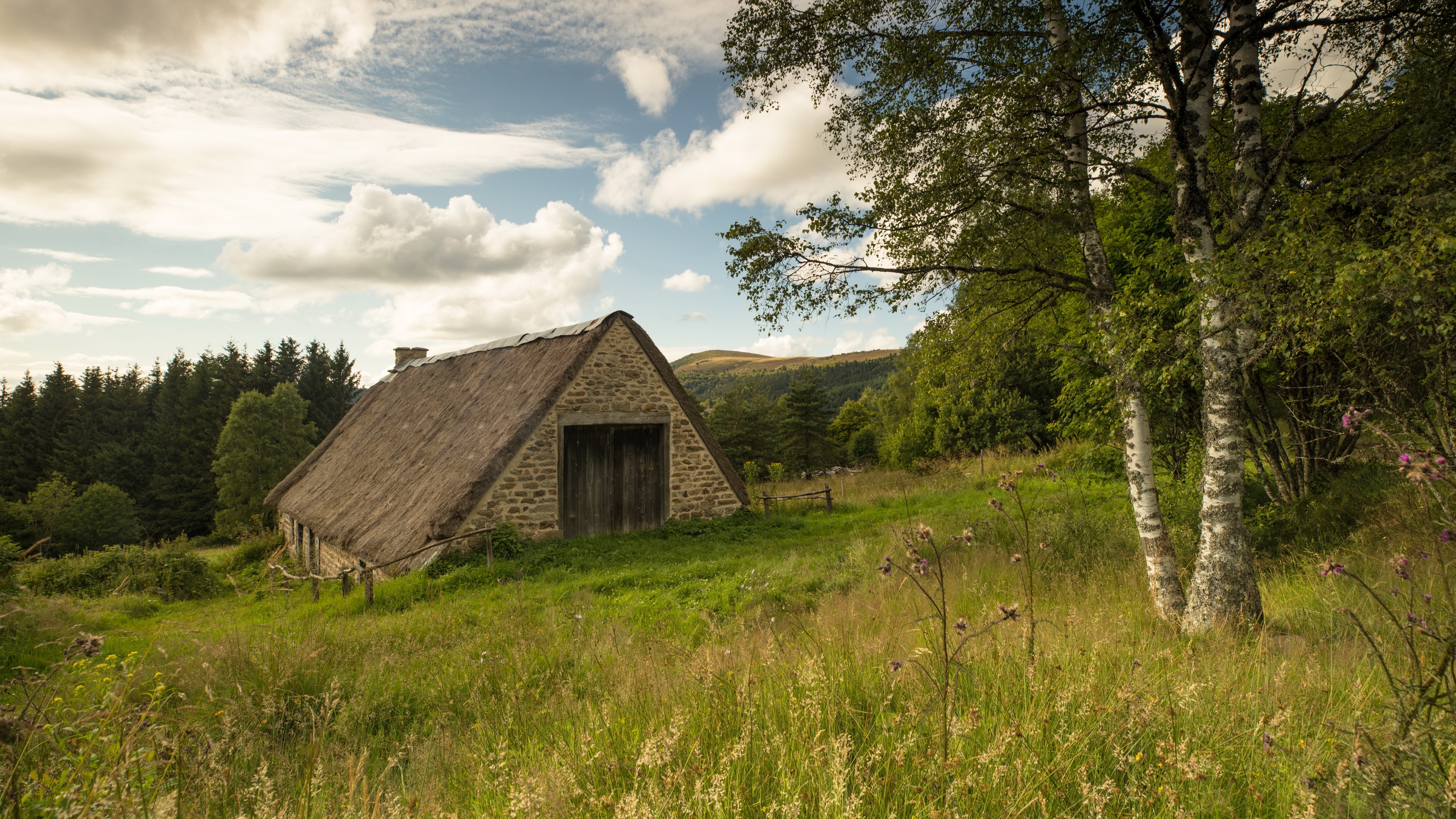 Download mobile wallpaper Landscape, Forest, Hut, Man Made for free.