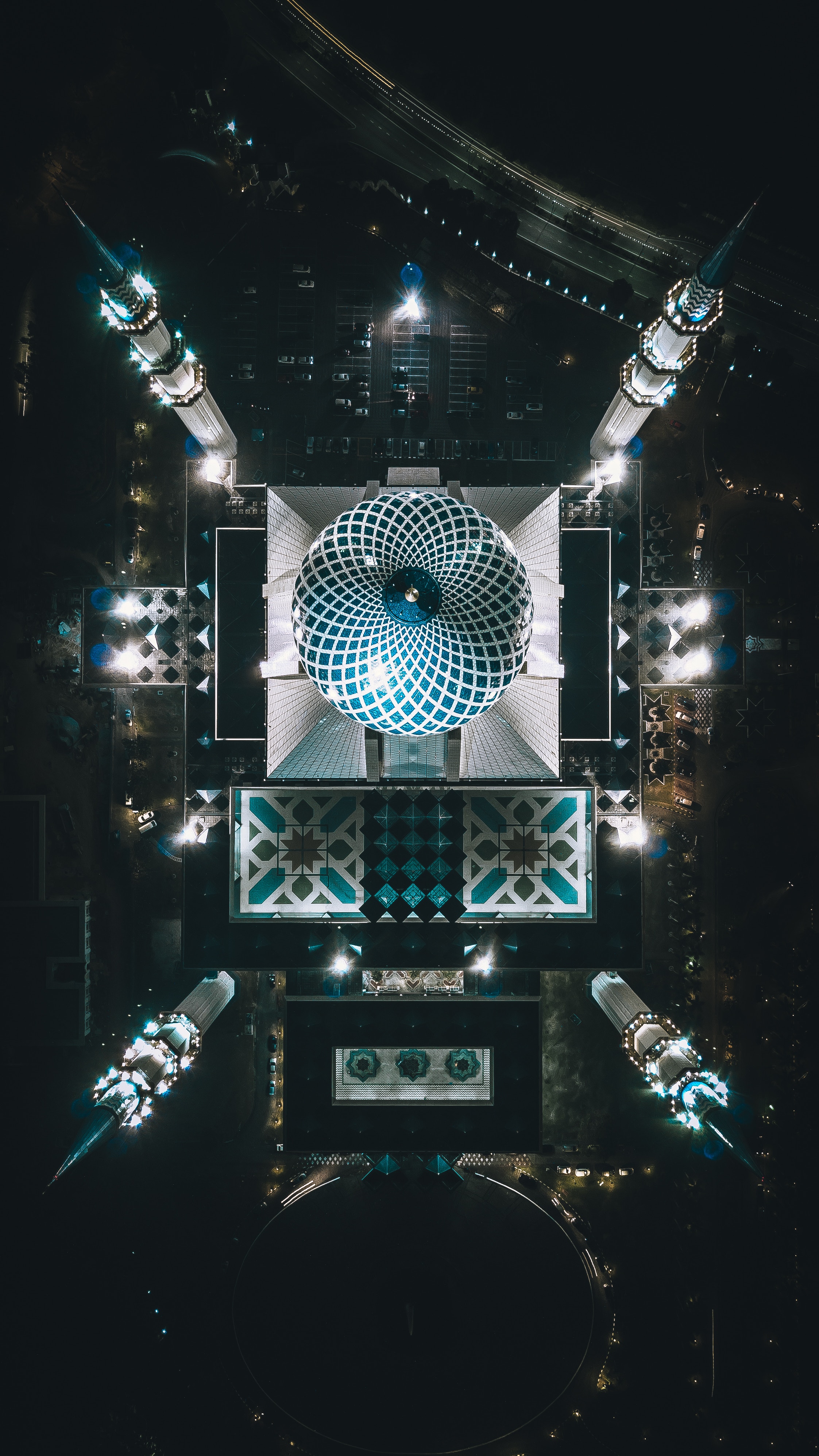 mosque, cities, night, architecture, view from above, malaysia, shah alam Full HD