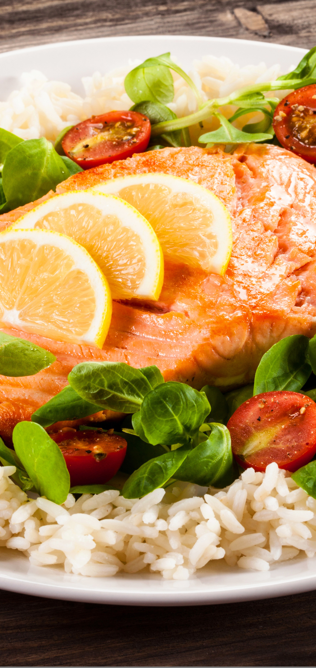 Download mobile wallpaper Food, Fish, Meal, Salad, Tomato, Salmon, Rice for free.