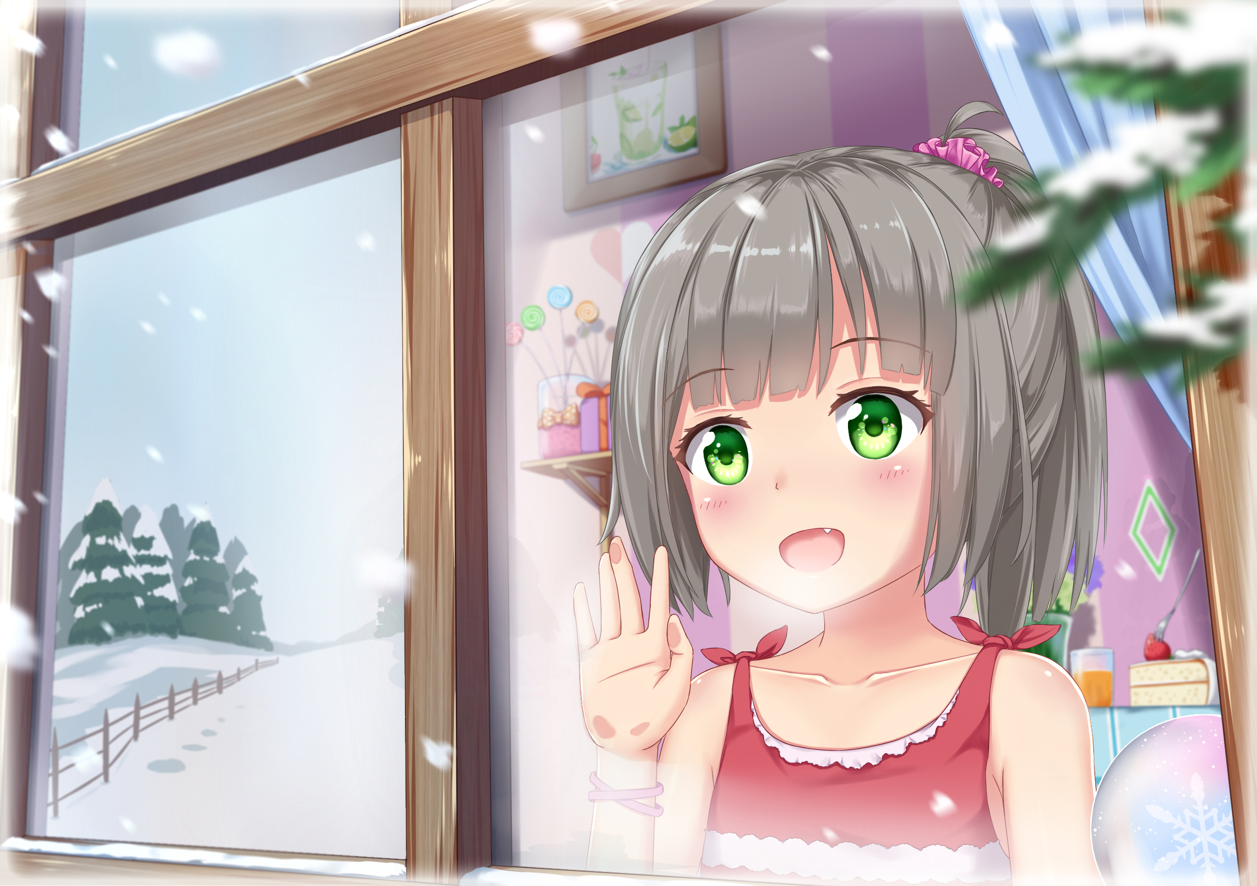 Download mobile wallpaper Anime, Snow, Fangs, Window, Cute, Green Eyes, Original, Grey Hair for free.