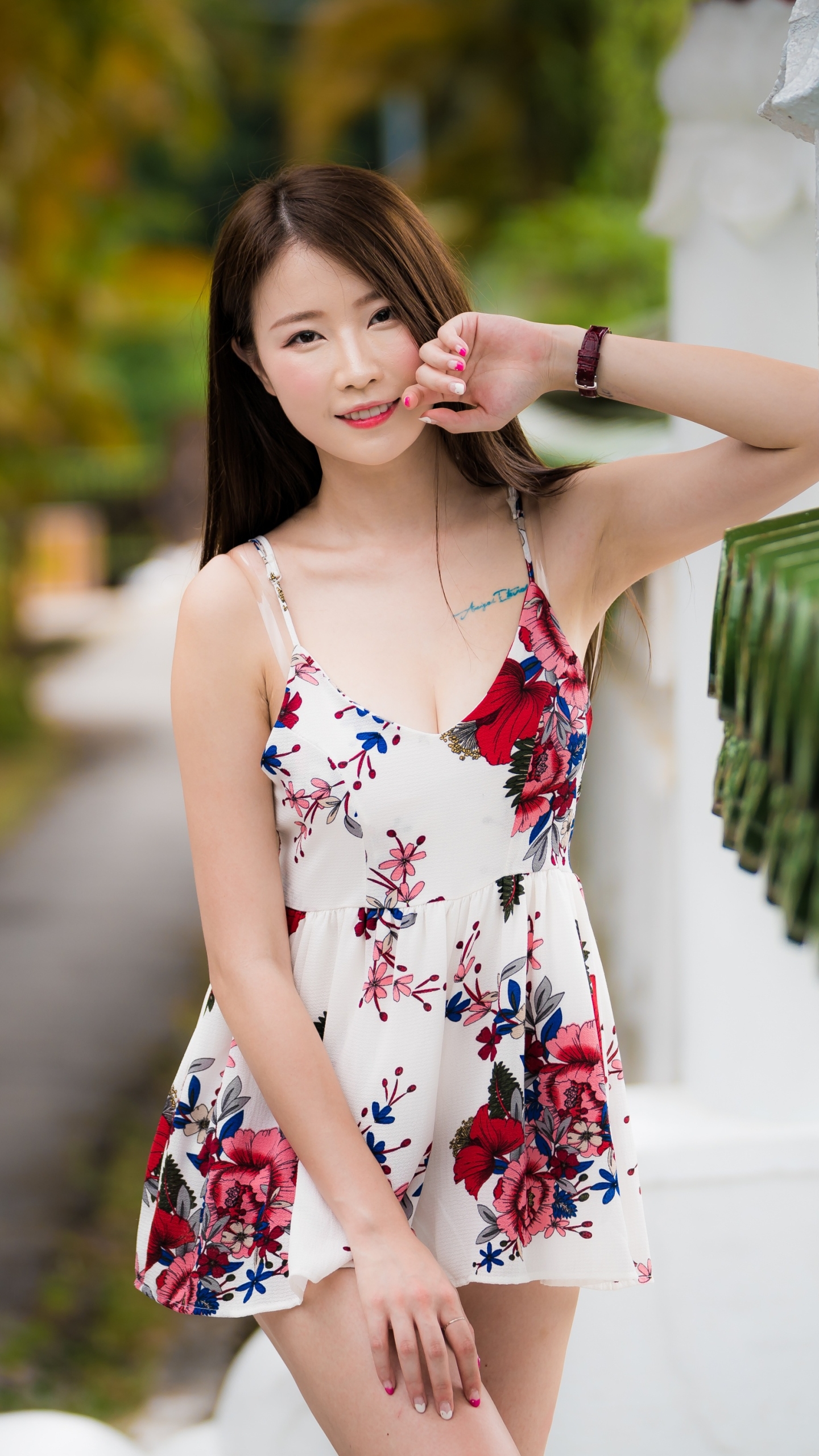 Download mobile wallpaper Smile, Dress, Brunette, Model, Women, Asian for free.