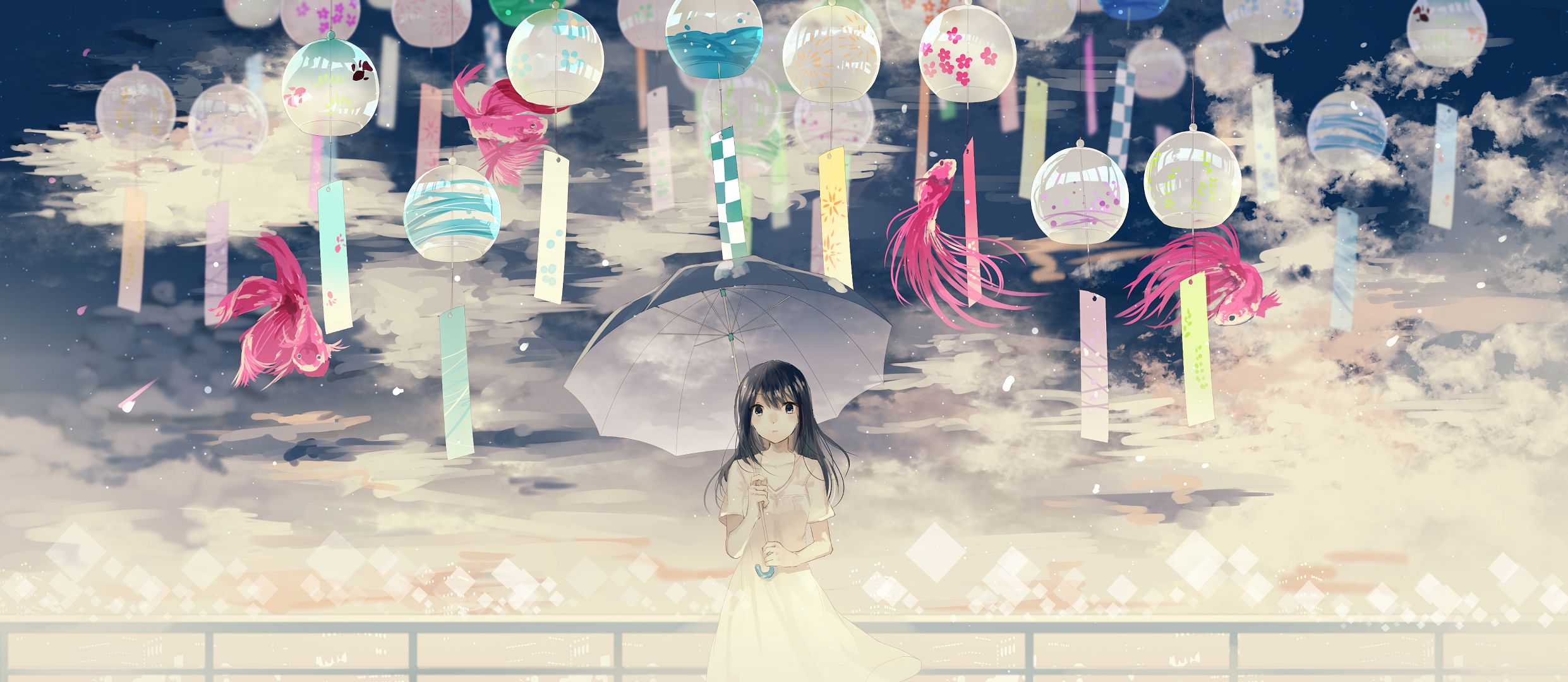 Download mobile wallpaper Anime, Umbrella, Fish, Dress, Original for free.