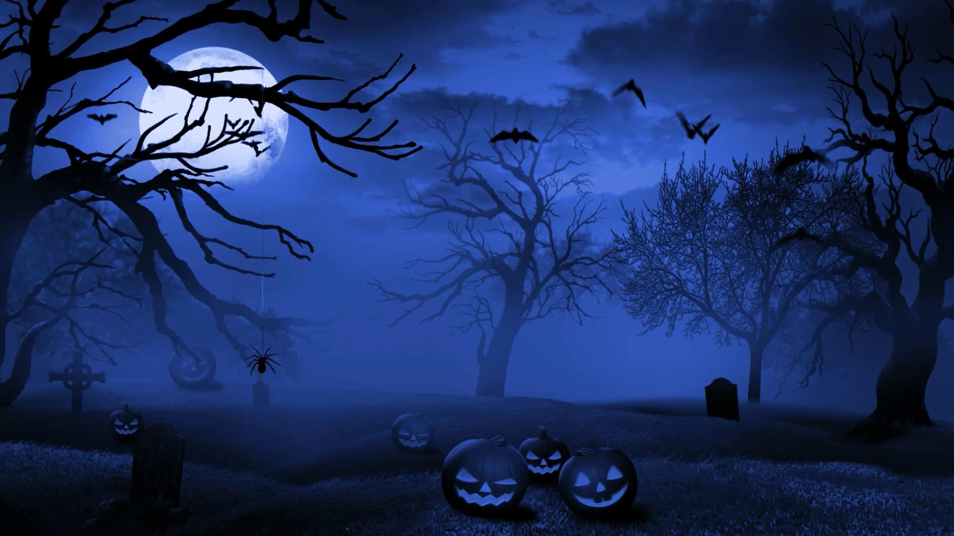 776841 скачать картинку паук, хэллоуин, кладбище, фонарь джека, праздничные, летучая мышь, синий, луна, ночь - обои и заставки бесплатно