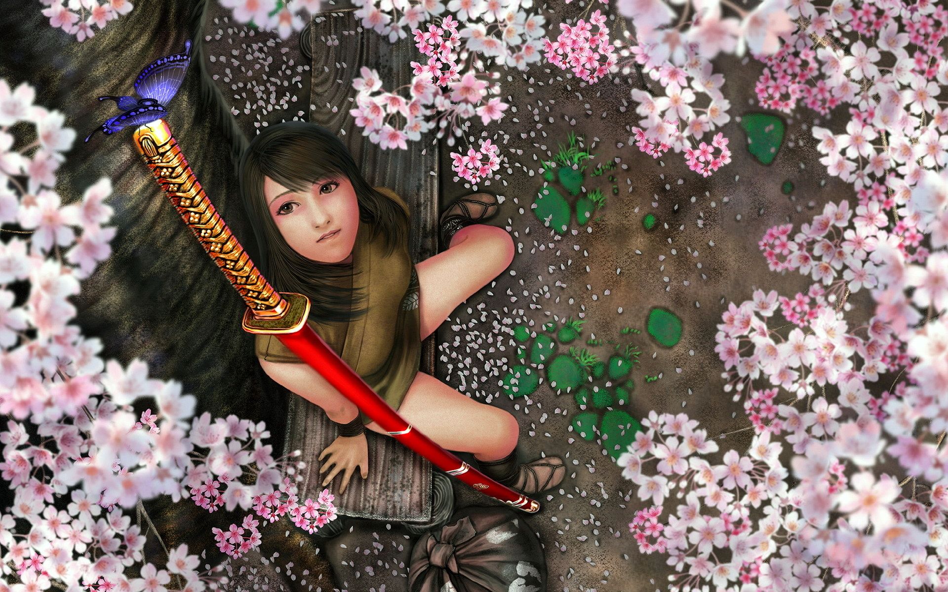 Free download wallpaper Fantasy, 3D, Butterfly, Warrior, Women, Sword, Blossom, Katana, Cgi on your PC desktop
