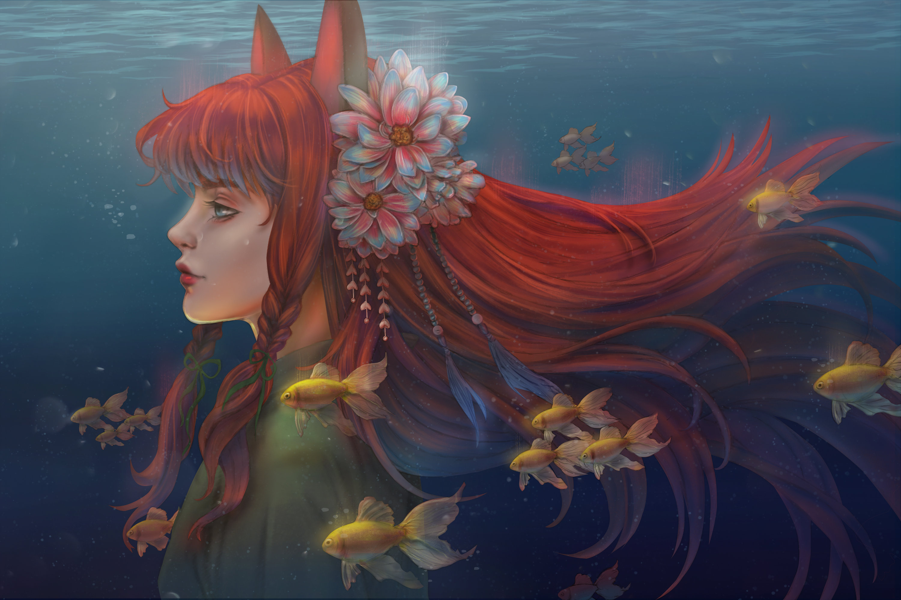kitsune, fantasy, women, animal ears, fish, long hair, red hair, underwater