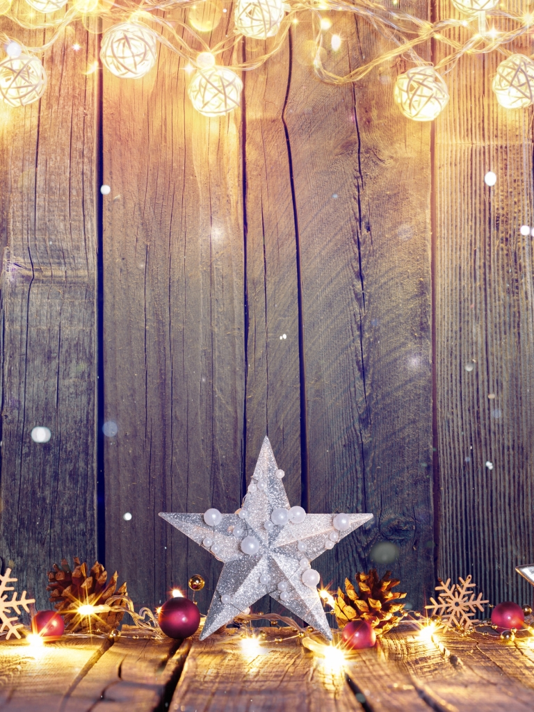 Скачати мобільні шпалери Різдво, Світло, Свято, Сніжинка, Зірка, Деревина безкоштовно.