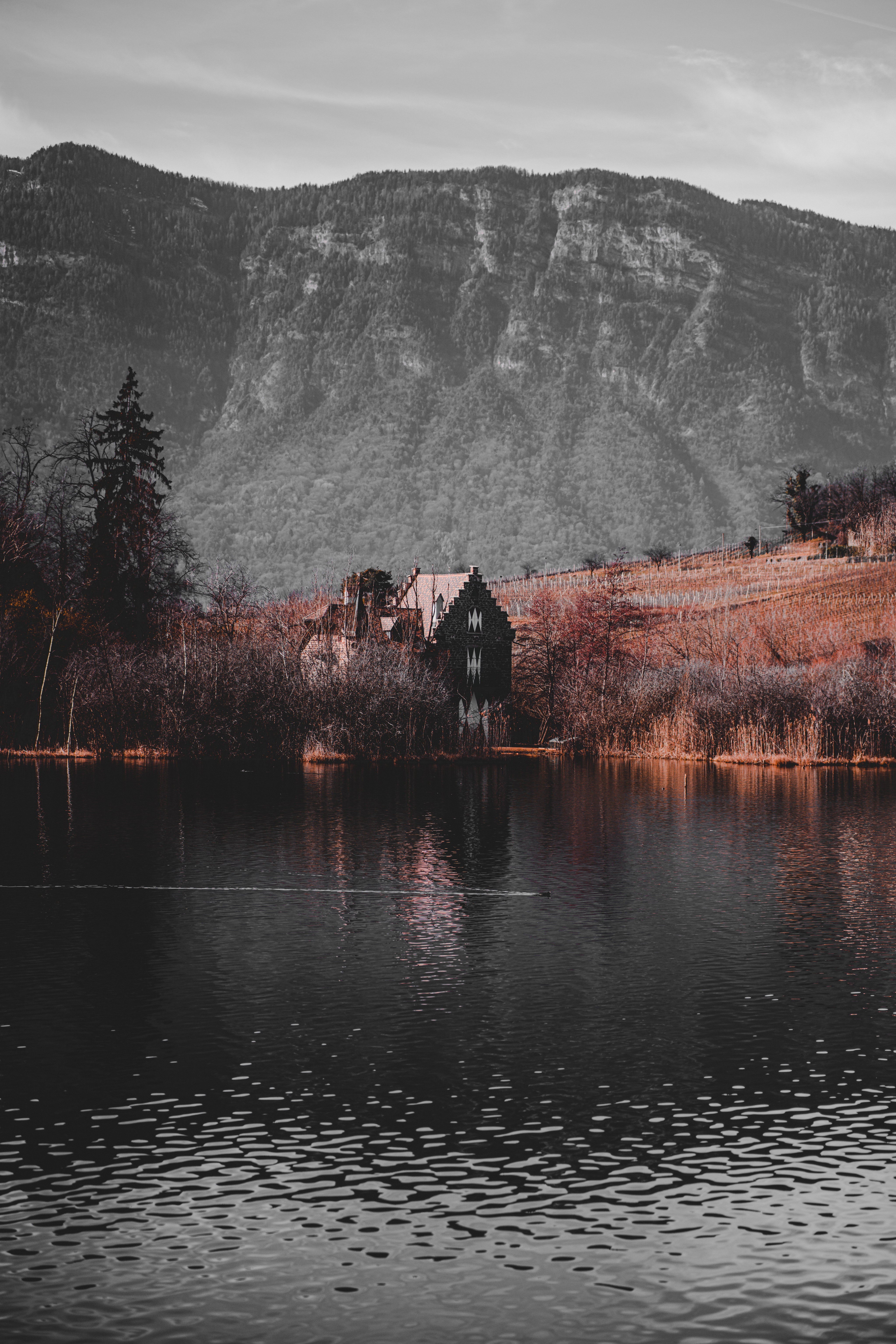 Download mobile wallpaper Mountains, Lake, House, Nature, Autumn, Landscape for free.