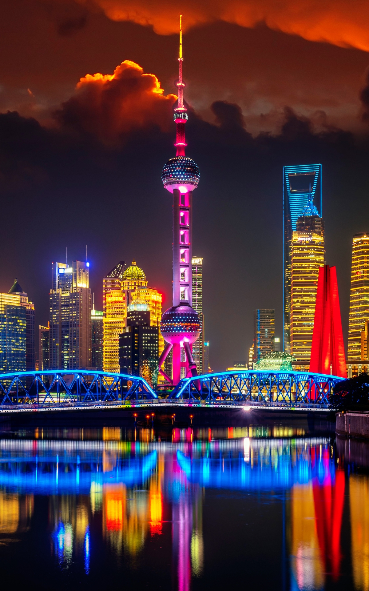無料モバイル壁紙都市, 川, 橋, 街, 超高層ビル, 建物, 中国, 上海, 夜, マンメイドをダウンロードします。