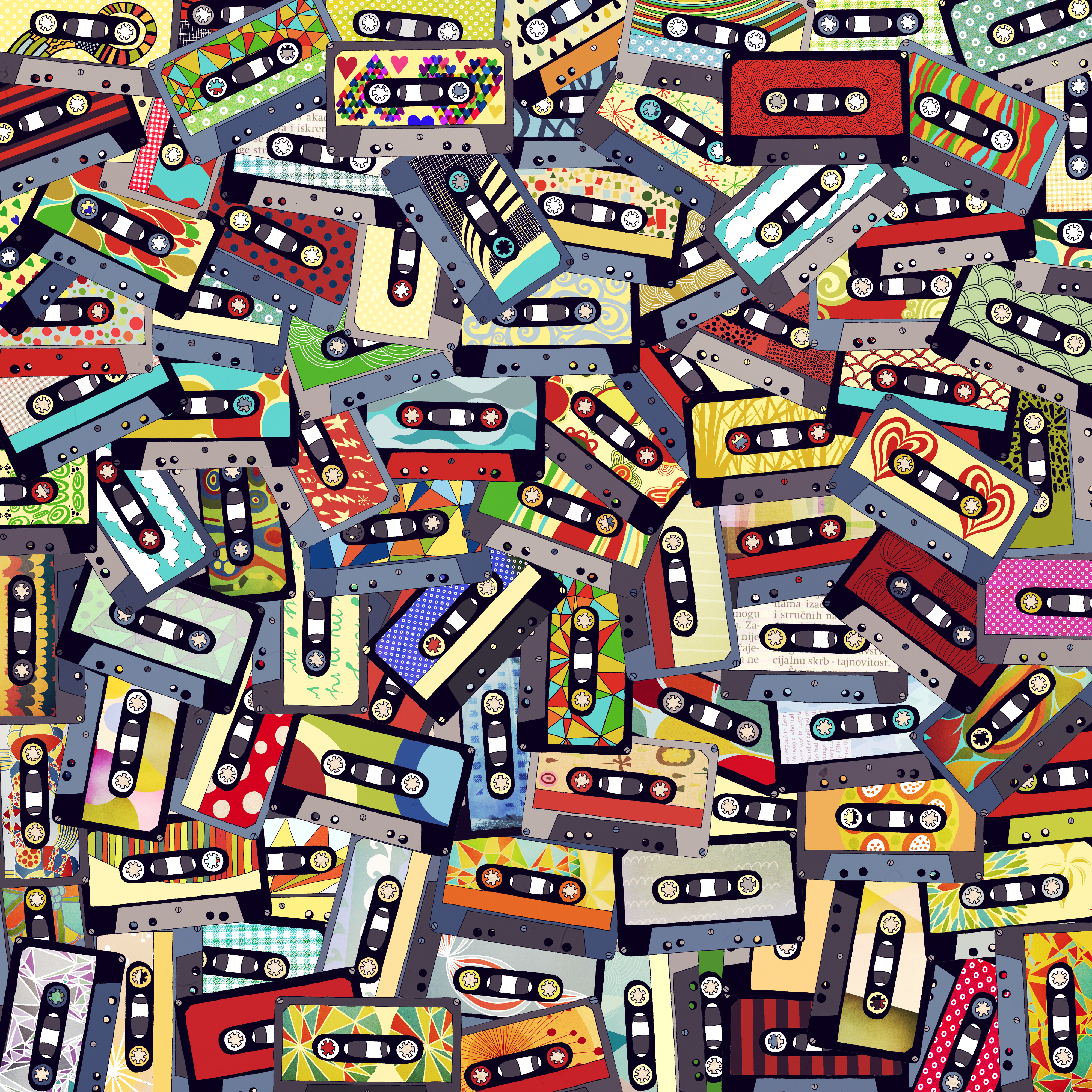 music, multicolored, motley, collage, audio cassettes, tape cassettes Panoramic Wallpaper