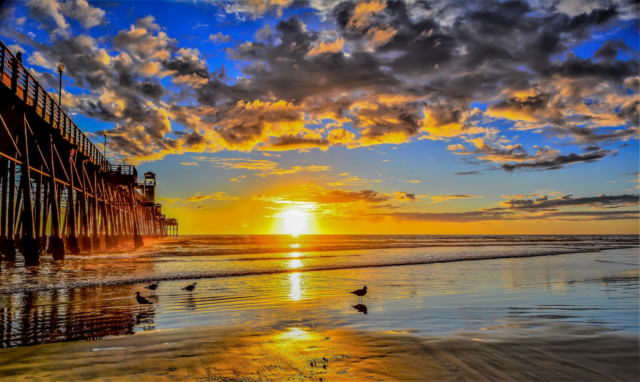 Download mobile wallpaper Sky, Horizon, Pier, Ocean, Sunrise, Cloud, Man Made for free.