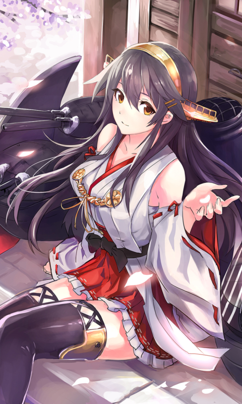 Download mobile wallpaper Anime, Yellow Eyes, Blossom, Long Hair, Purple Hair, Kantai Collection, Traditional Costume, Haruna (Kancolle) for free.