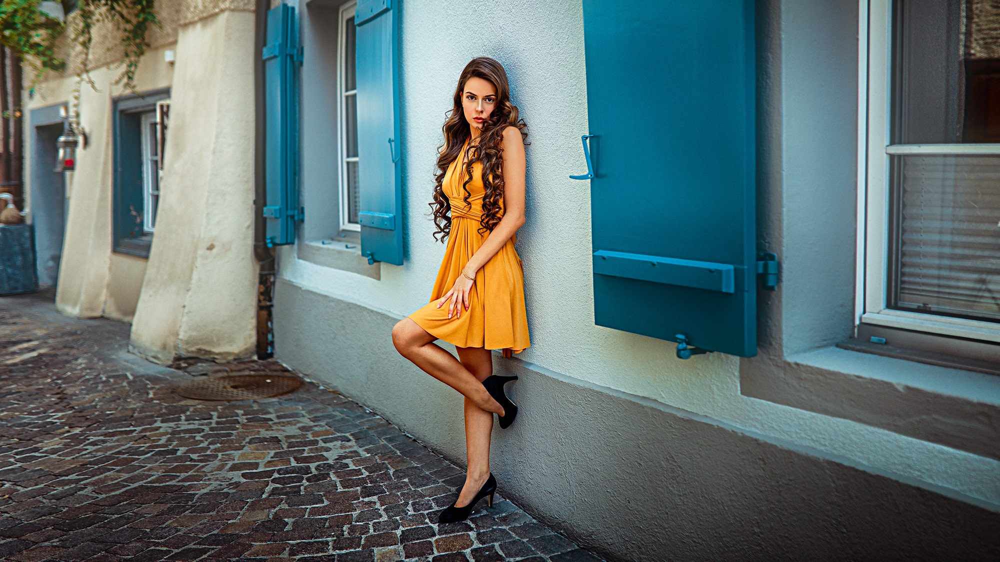Download mobile wallpaper Brunette, Model, Women, Curl, Yellow Dress, Long Hair, High Heels for free.