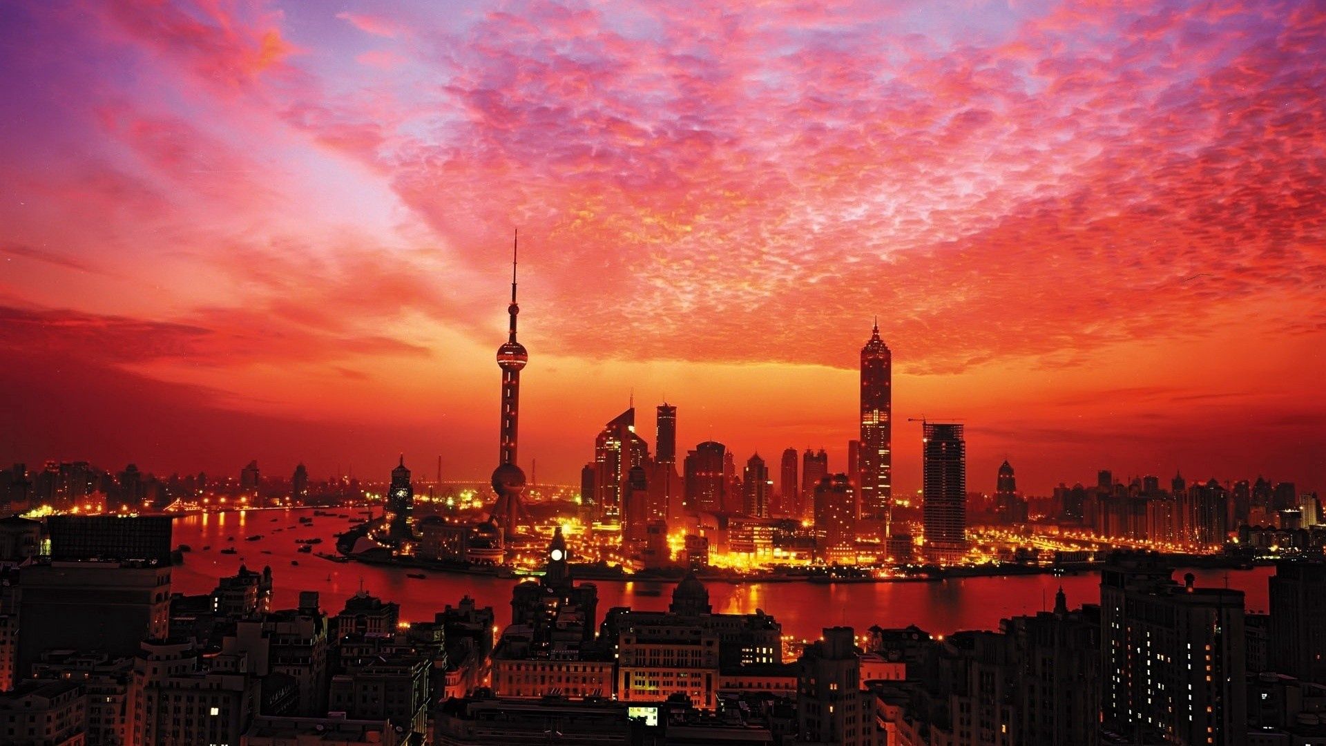 cities, sky, building, shine, light, skyscrapers, shanghai