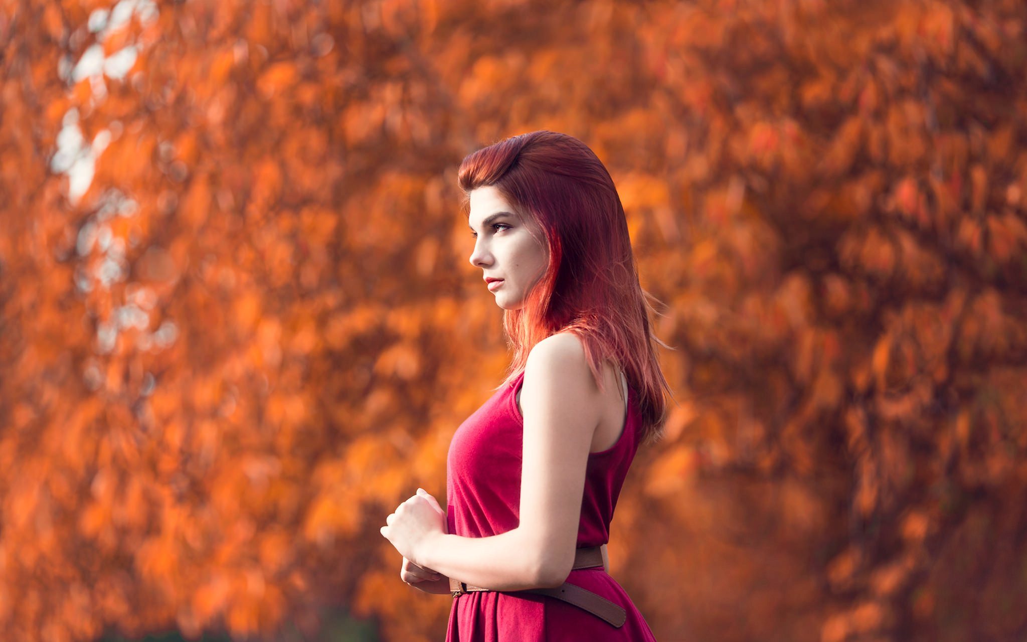 Download mobile wallpaper Redhead, Mood, Bokeh, Model, Women, Red Hair, Red Dress, Depth Of Field, Outdoor for free.