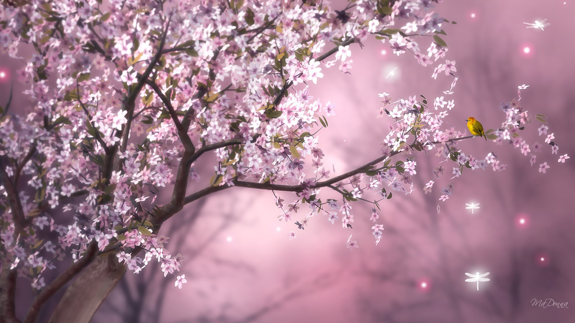 830711壁紙のダウンロード桜, 春, 芸術的, 鳥, 花, ブランチ, ピンクの花-スクリーンセーバーと写真を無料で