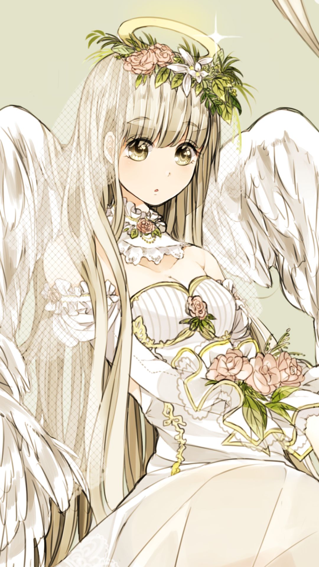 Download mobile wallpaper Anime, Flower, Wings, Angel, Blonde, Yellow Eyes, Long Hair for free.