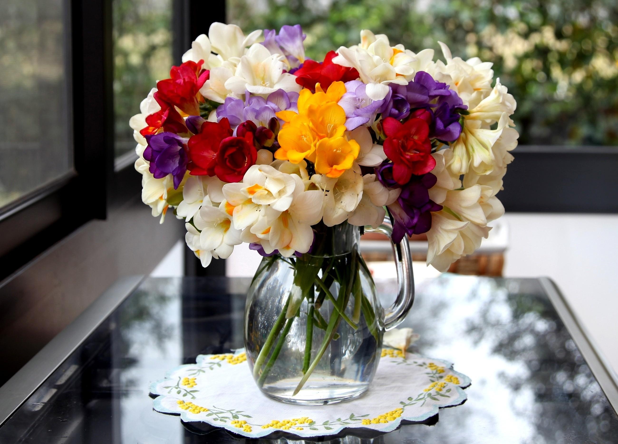 flowers, bouquet, jug, table, napkin