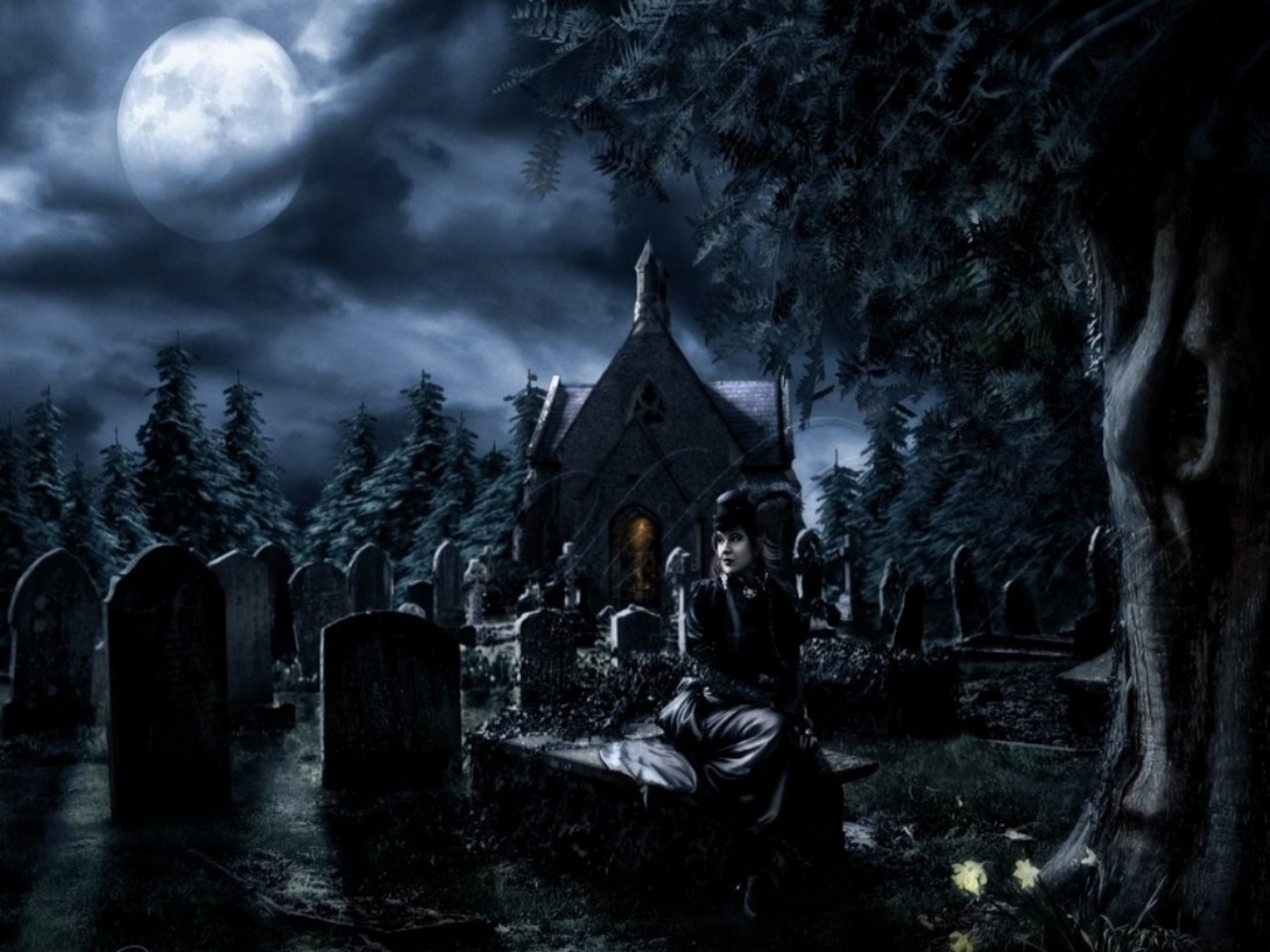 artistic, dark, cemetery, gothic, moon, night