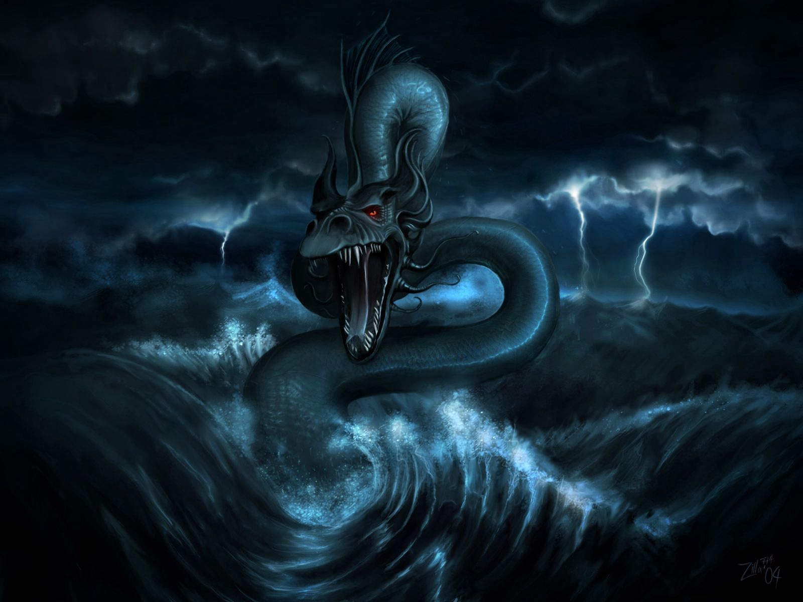 monster, fantasy, snakes, water, storm