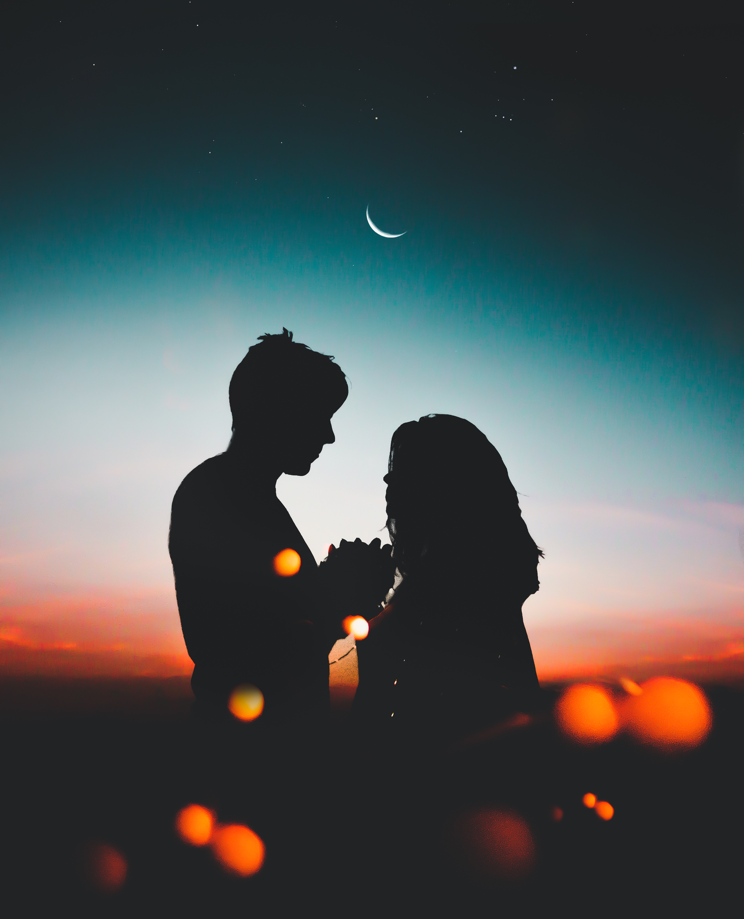 couple, love, night, sky, pair, silhouettes