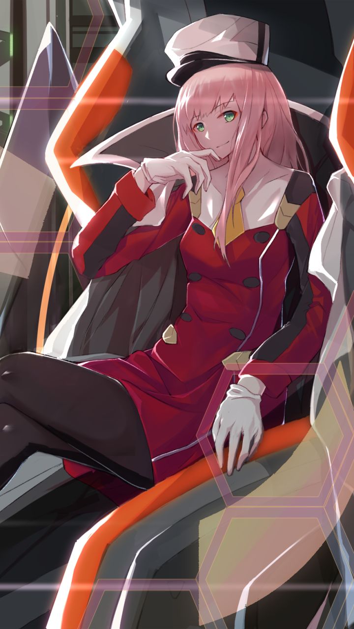 Handy-Wallpaper Hut, Grüne Augen, Pinkes Haar, Animes, Lange Haare, Uniform, Darling In The Franxx, Zero Two (Liebling Im Franxx) kostenlos herunterladen.