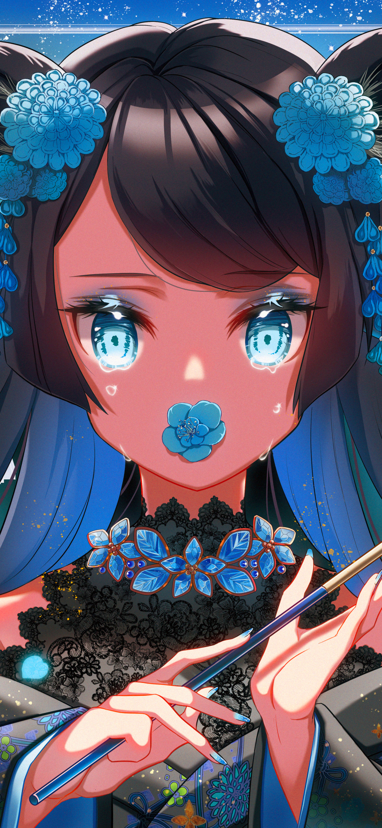 Download mobile wallpaper Anime, Flower, Blue Eyes, Tears, Original for free.